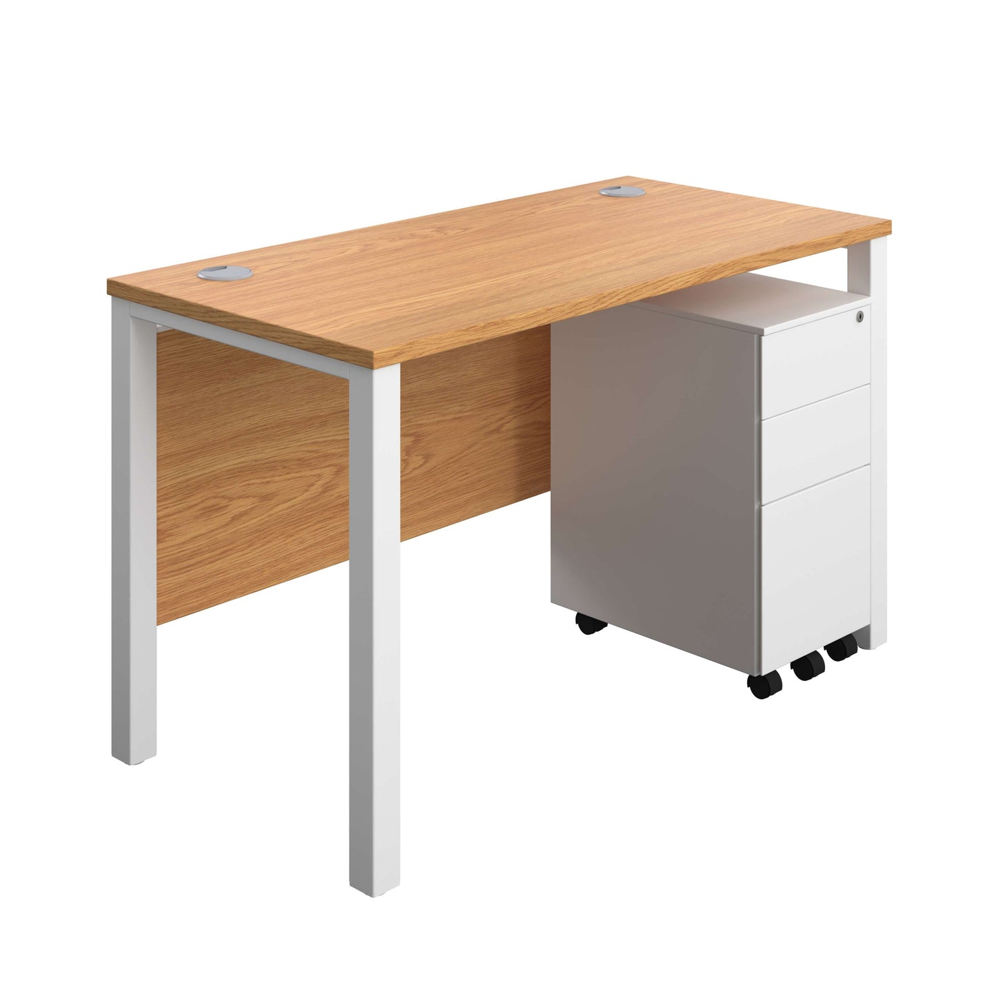 Goal Post Rectangular Desk + 3 Drawer Slimline Steel Pedestal (FSC) | 1200x600 | Nova oak/White