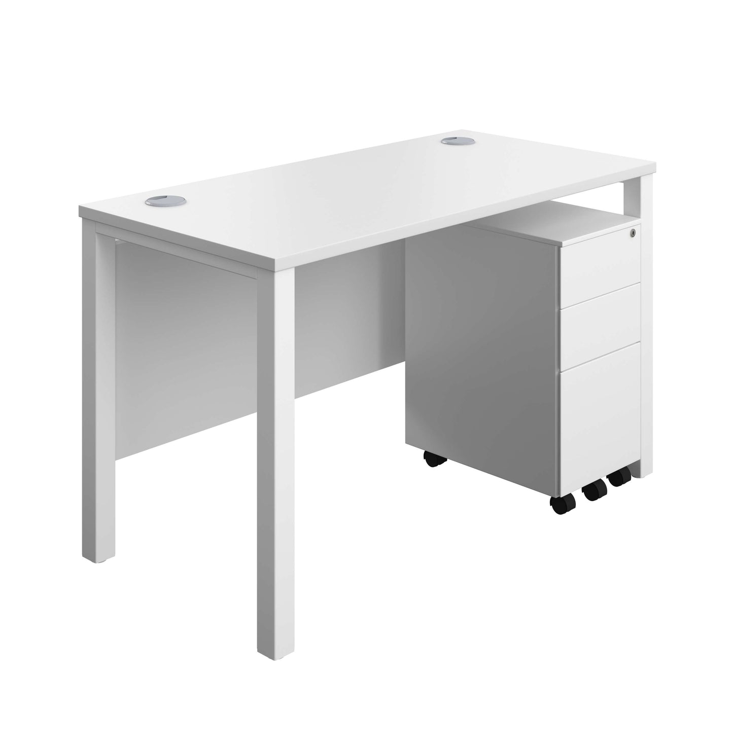 Goal Post Rectangular Desk + 3 Drawer Slimline Steel Pedestal (FSC) | 1200x600 | White/White