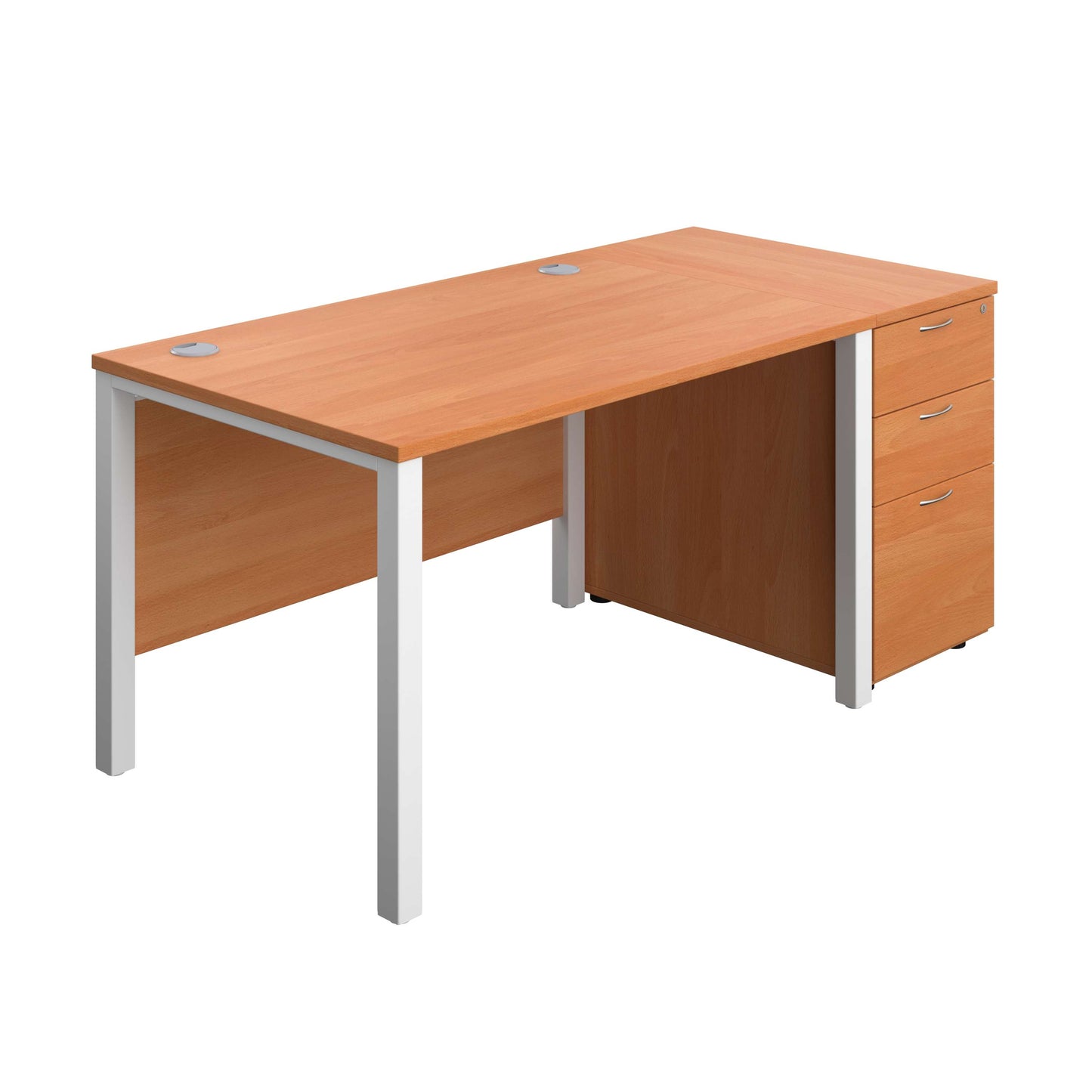 Goal Post Rectangular Desk + 3 Drawer Desk High Pedestal (FSC) | 1200x800 | Beech/White
