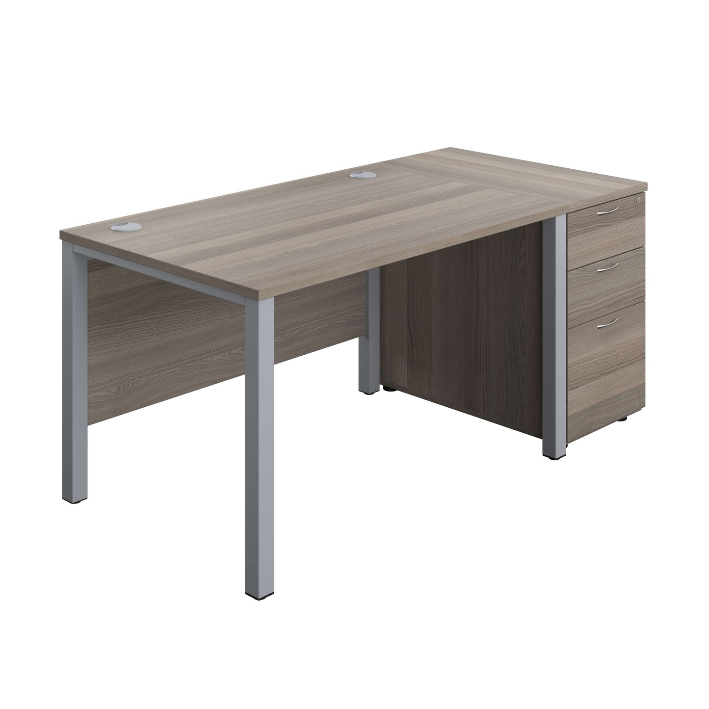 Goal Post Rectangular Desk + 3 Drawer Desk High Pedestal (FSC) | 1200x800 | Grey oak/Silver