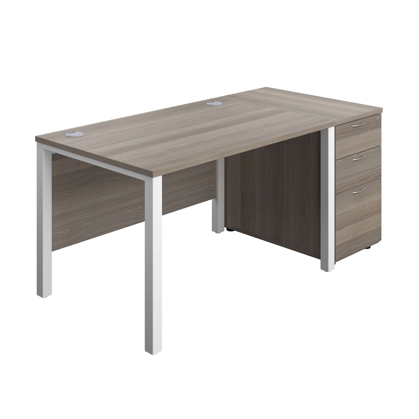 Goal Post Rectangular Desk + 3 Drawer Desk High Pedestal (FSC) | 1200x800 | Grey oak/White