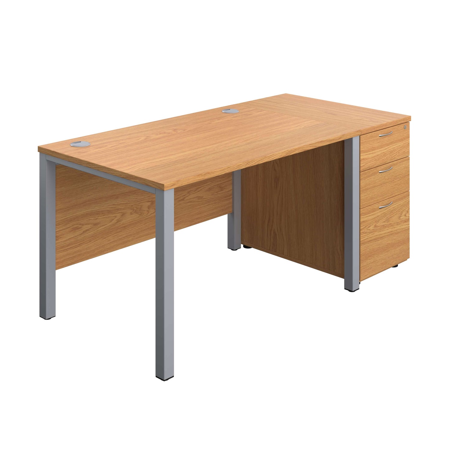 Goal Post Rectangular Desk + 3 Drawer Desk High Pedestal (FSC) | 1200x800 | Nova oak/Silver