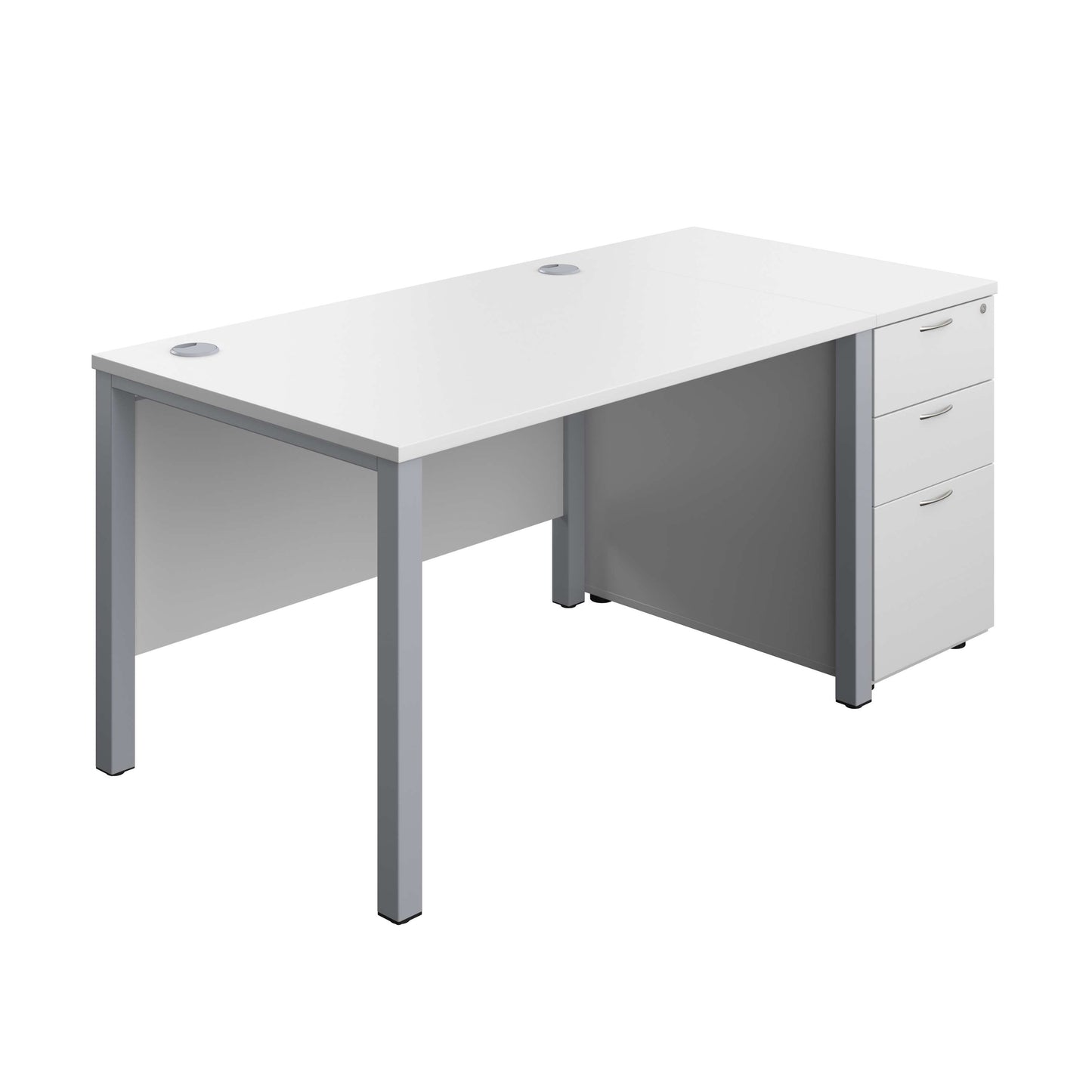 Goal Post Rectangular Desk + 3 Drawer Desk High Pedestal (FSC) | 1200x800 | White/Silver
