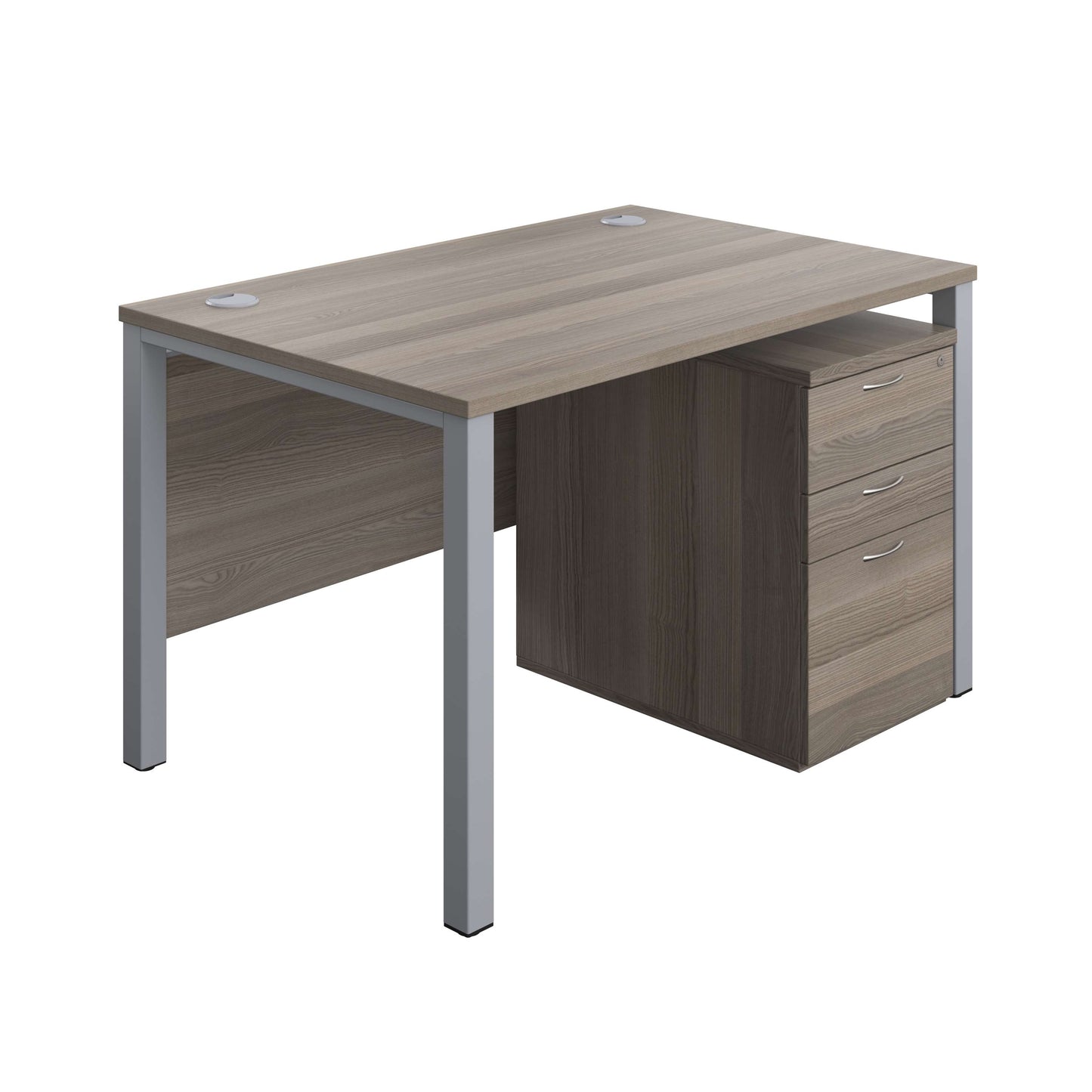 Goal Post Rectangular Desk + 3 Drawer High Mobile Pedestal (FSC) | 1200x800 | Grey oak/Silver