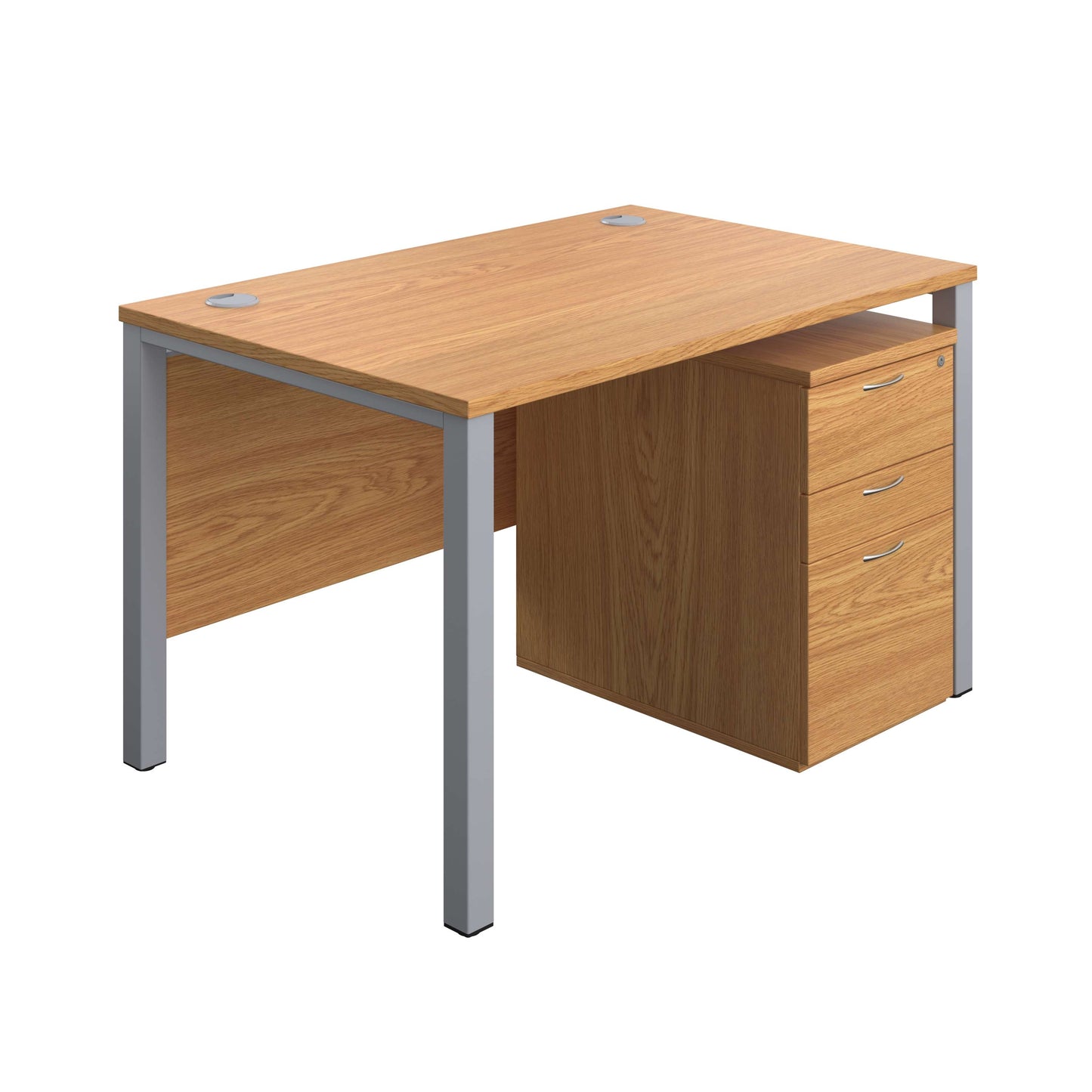 Goal Post Rectangular Desk + 3 Drawer High Mobile Pedestal (FSC) | 1200x800 | Nova oak/Silver