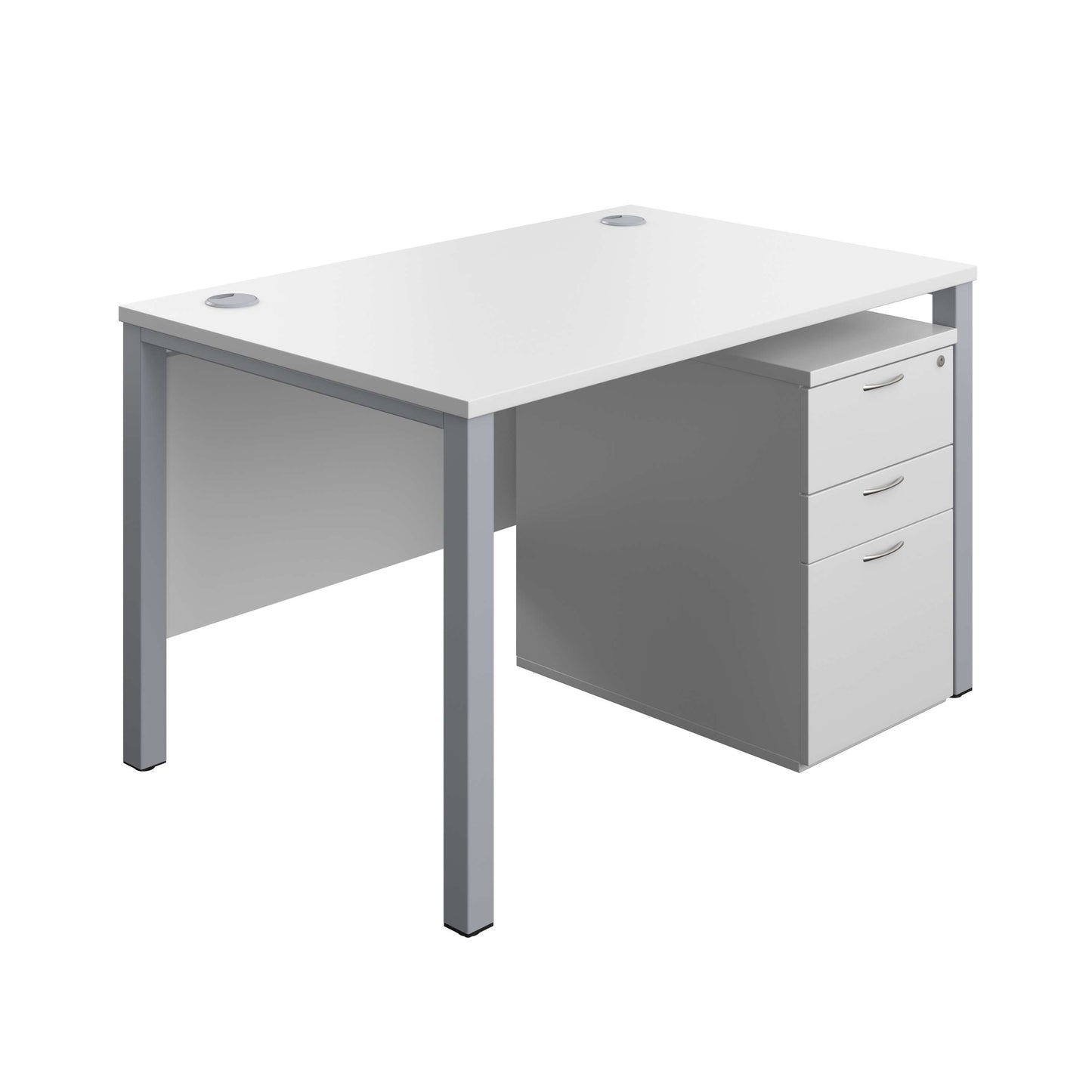Goal Post Rectangular Desk + 3 Drawer High Mobile Pedestal (FSC) | 1200x800 | White/Silver
