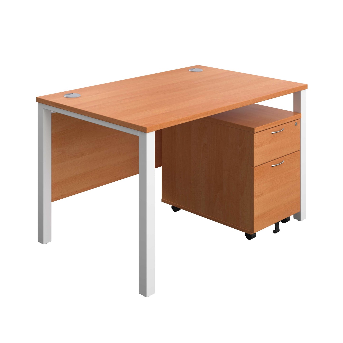 Goal Post Rectangular Desk + 2 Drawer Mobile Pedestal (FSC) | 1200x800 | Beech/White