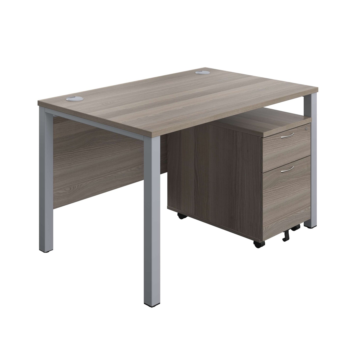 Goal Post Rectangular Desk + 2 Drawer Mobile Pedestal (FSC) | 1200x800 | Grey oak/Silver