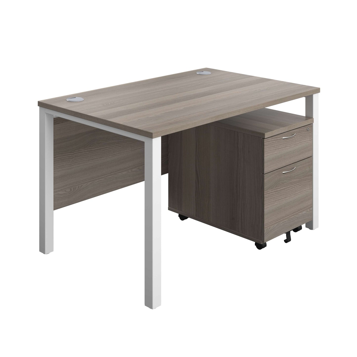 Goal Post Rectangular Desk + 2 Drawer Mobile Pedestal (FSC) | 1200x800 | Grey oak/White