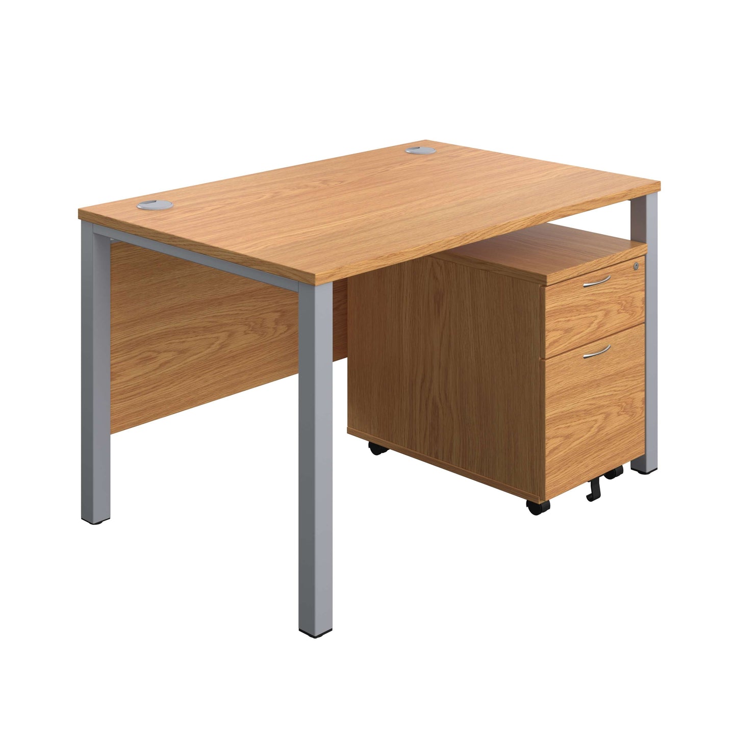 Goal Post Rectangular Desk + 2 Drawer Mobile Pedestal (FSC) | 1200x800 | Nova oak/Silver