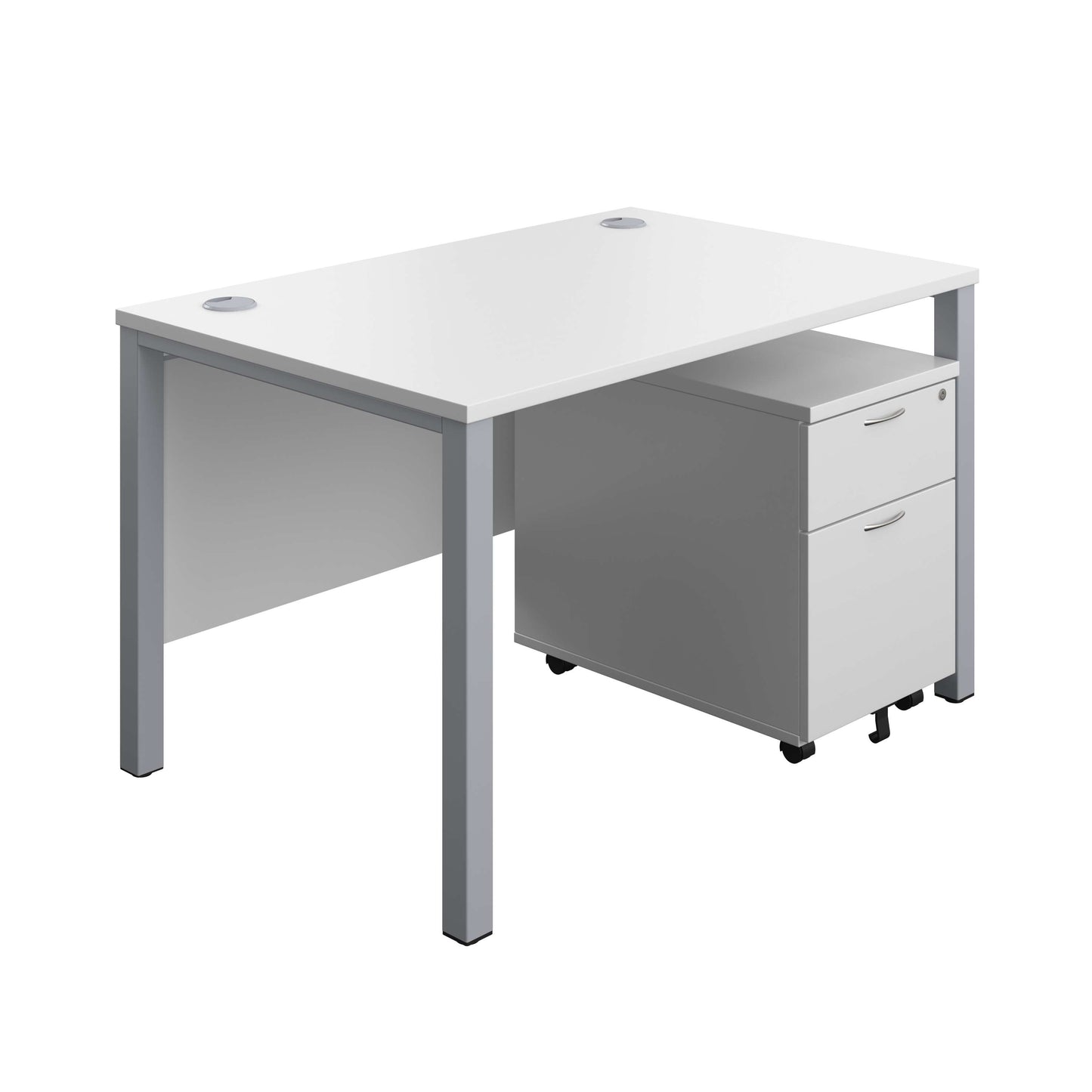 Goal Post Rectangular Desk + 2 Drawer Mobile Pedestal (FSC) | 1200x800 | White/Silver