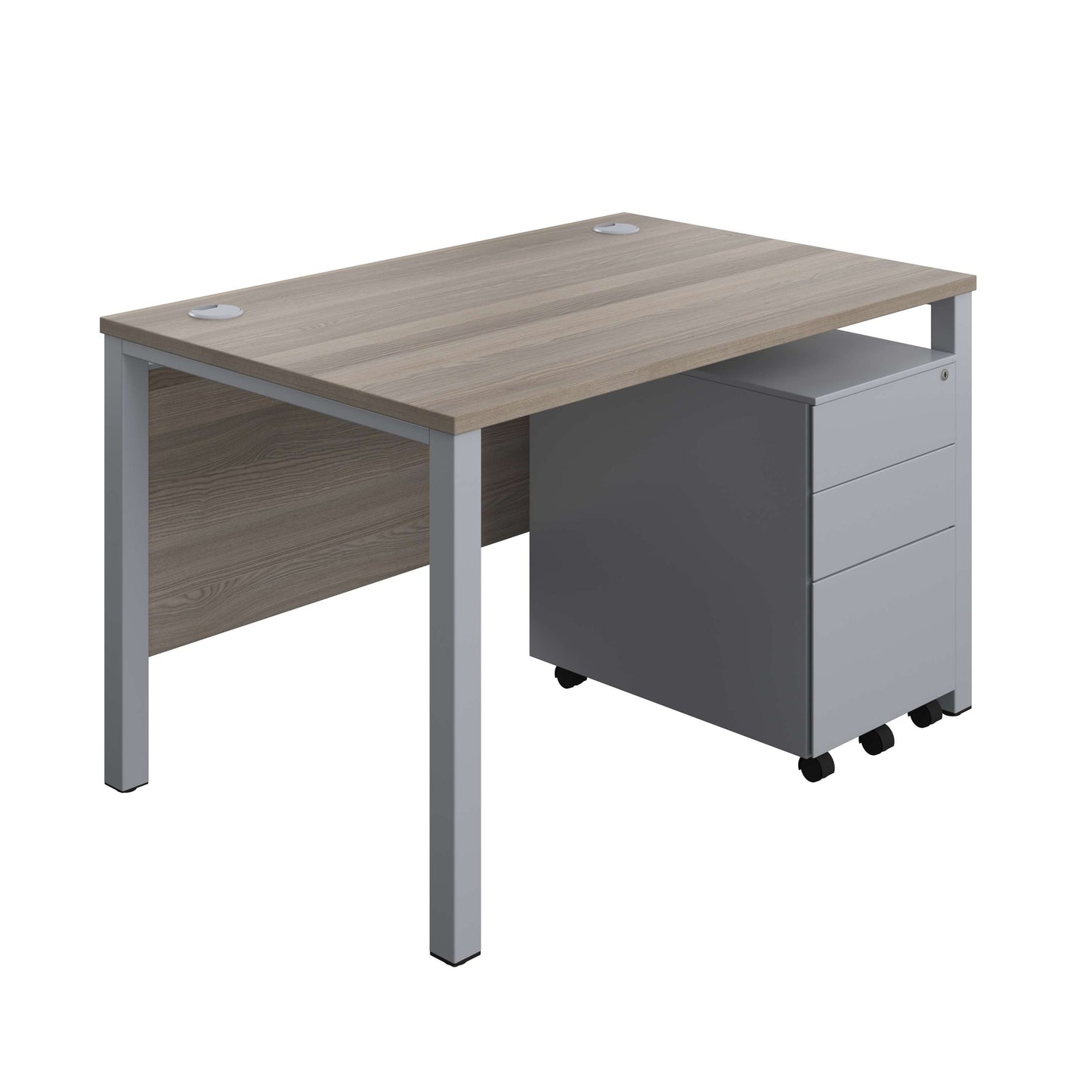Goal Post Rectangular Desk + 3 Drawer Steel Pedestal (FSC) | 1200x800 | Grey oak/Silver