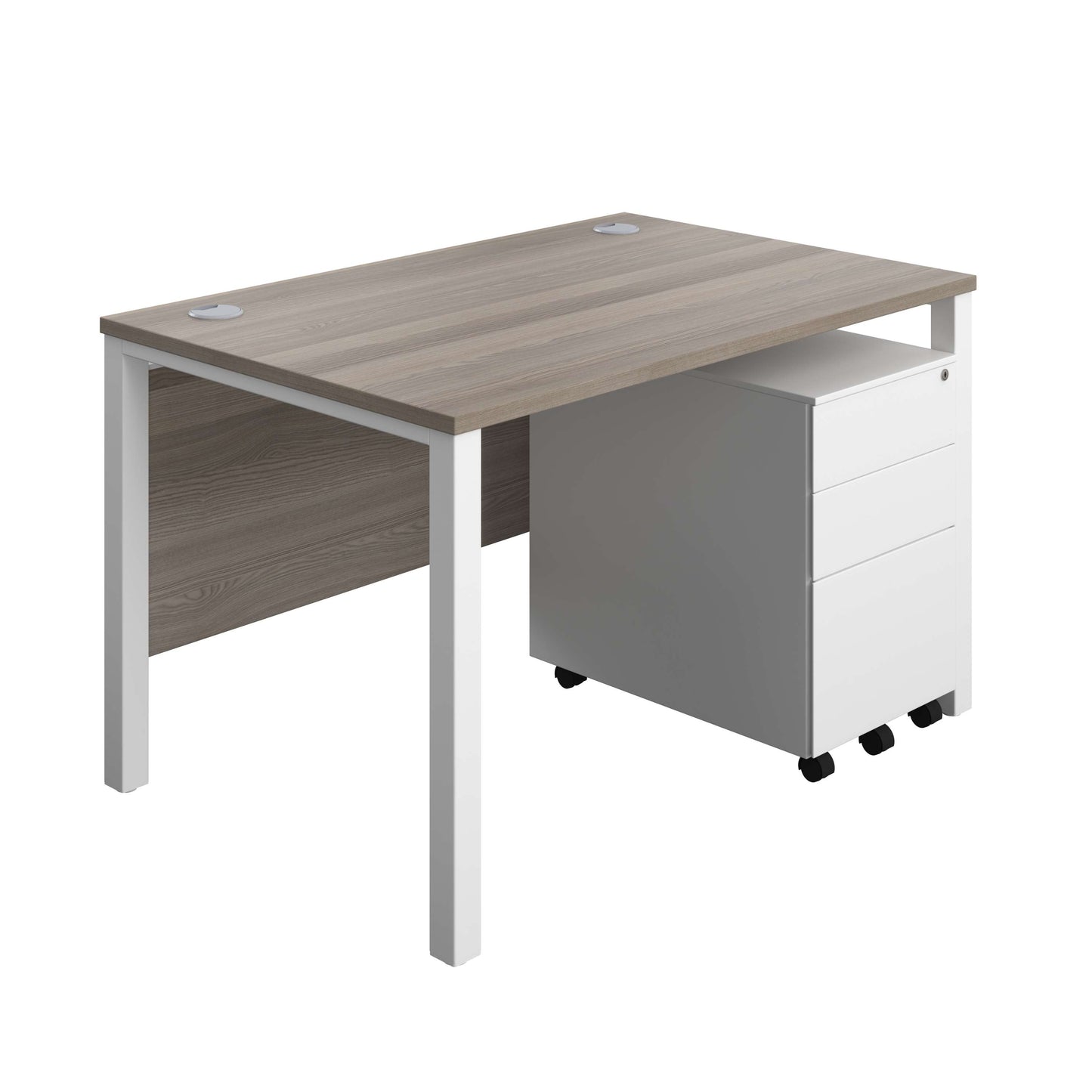 Goal Post Rectangular Desk + 3 Drawer Steel Pedestal (FSC) | 1200x800 | Grey oak/White