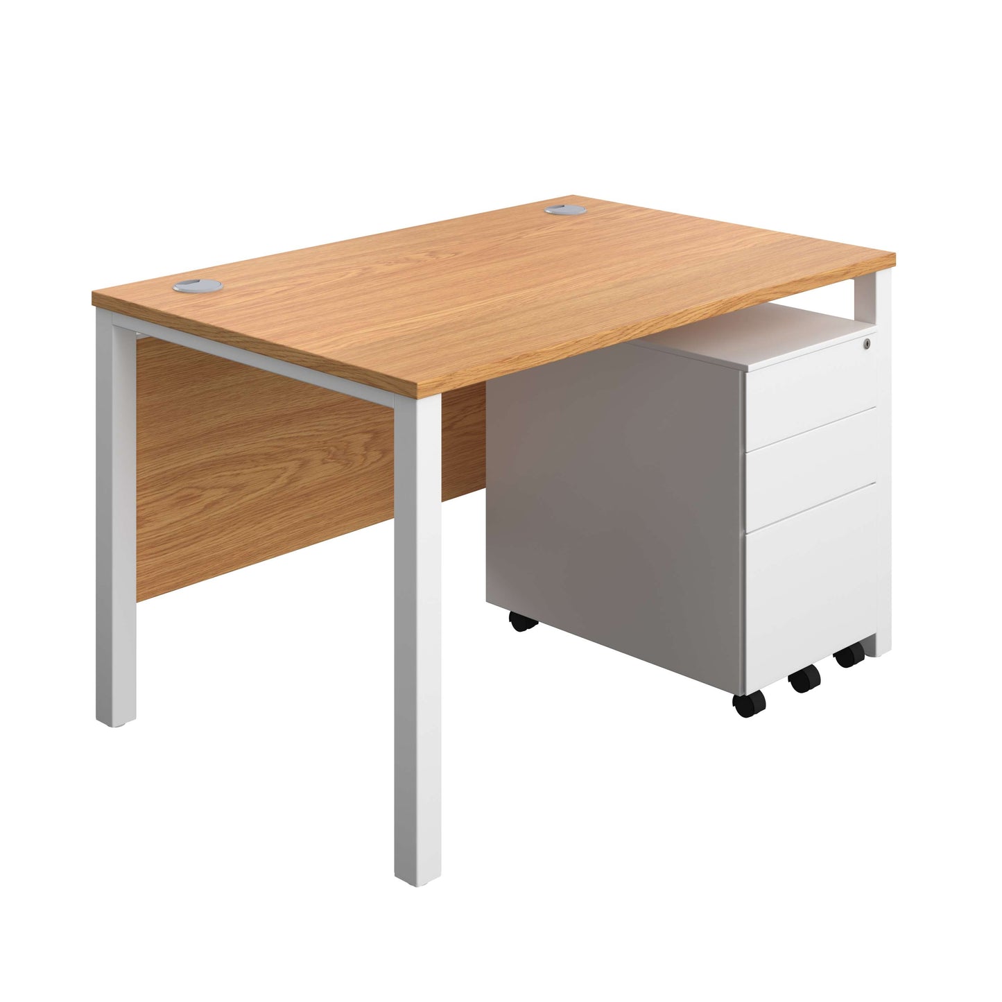 Goal Post Rectangular Desk + 3 Drawer Steel Pedestal (FSC) | 1200x800 | Nova oak/White