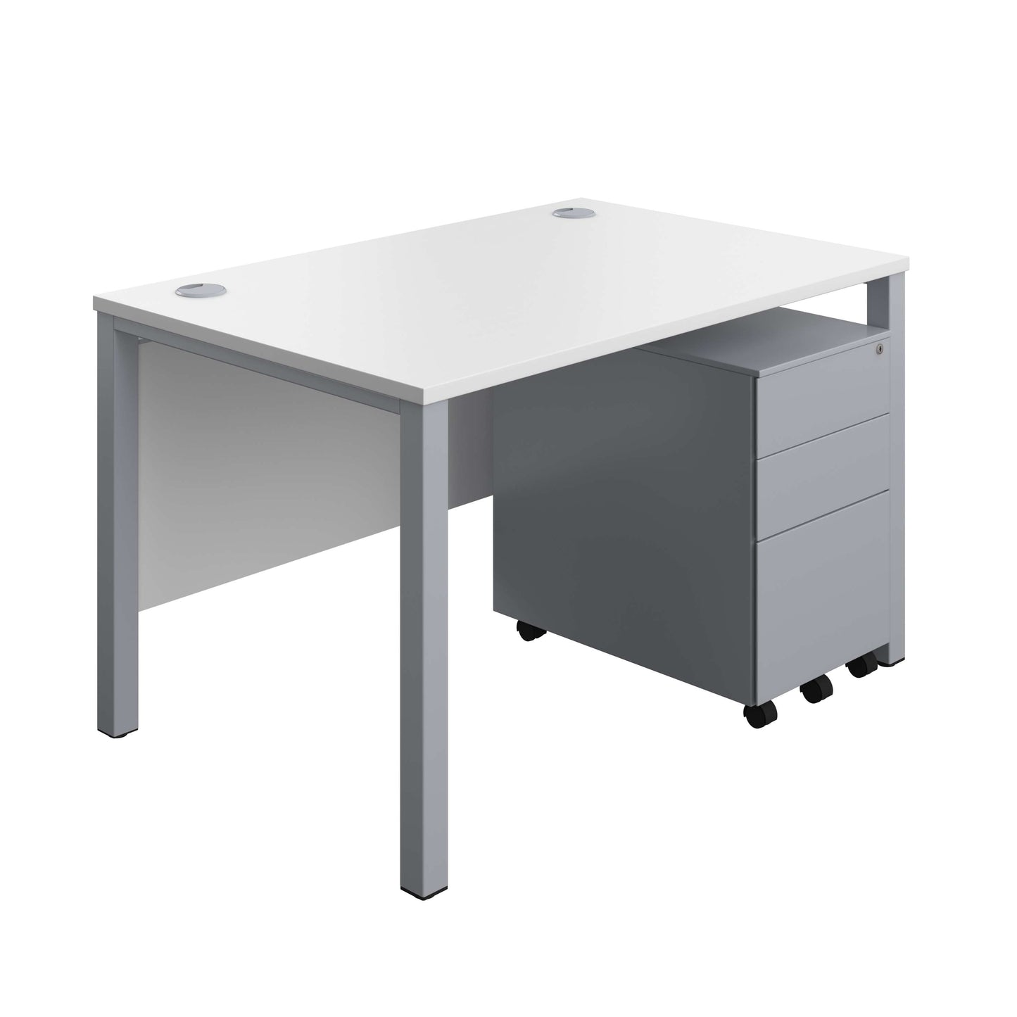 Goal Post Rectangular Desk + 3 Drawer Steel Pedestal (FSC) | 1200x800 | White/Silver