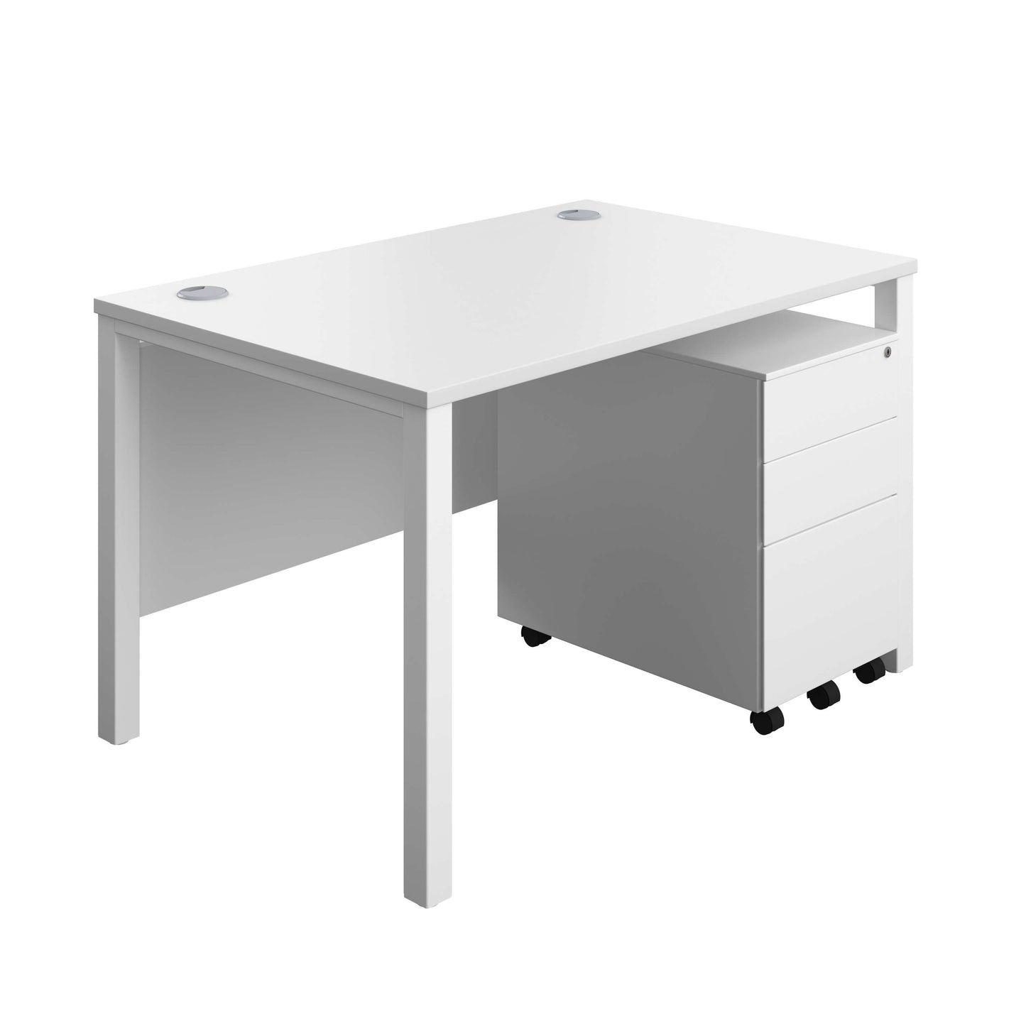 Goal Post Rectangular Desk + 3 Drawer Steel Pedestal (FSC) | 1200x800 | White/White