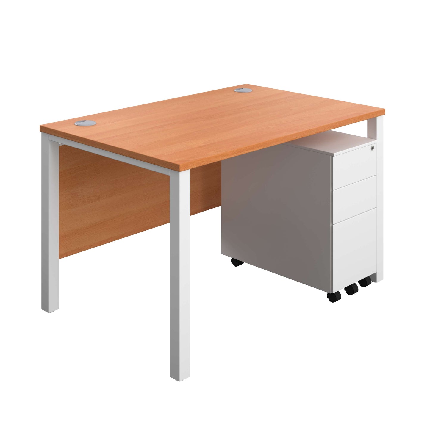 Goal Post Rectangular Desk + 3 Drawer Slimline Steel Pedestal (FSC) | 1200x800 | Beech/White