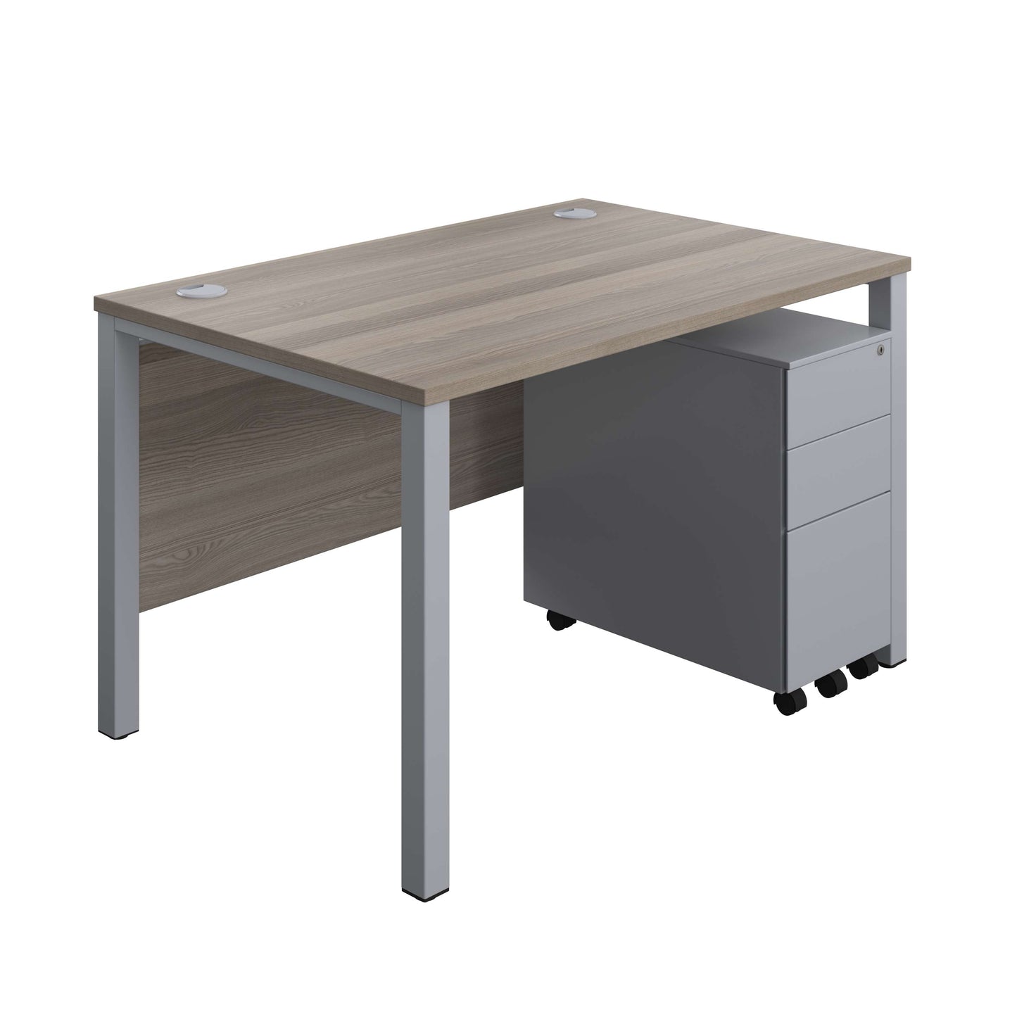 Goal Post Rectangular Desk + 3 Drawer Slimline Steel Pedestal (FSC) | 1200x800 | Grey oak/Silver