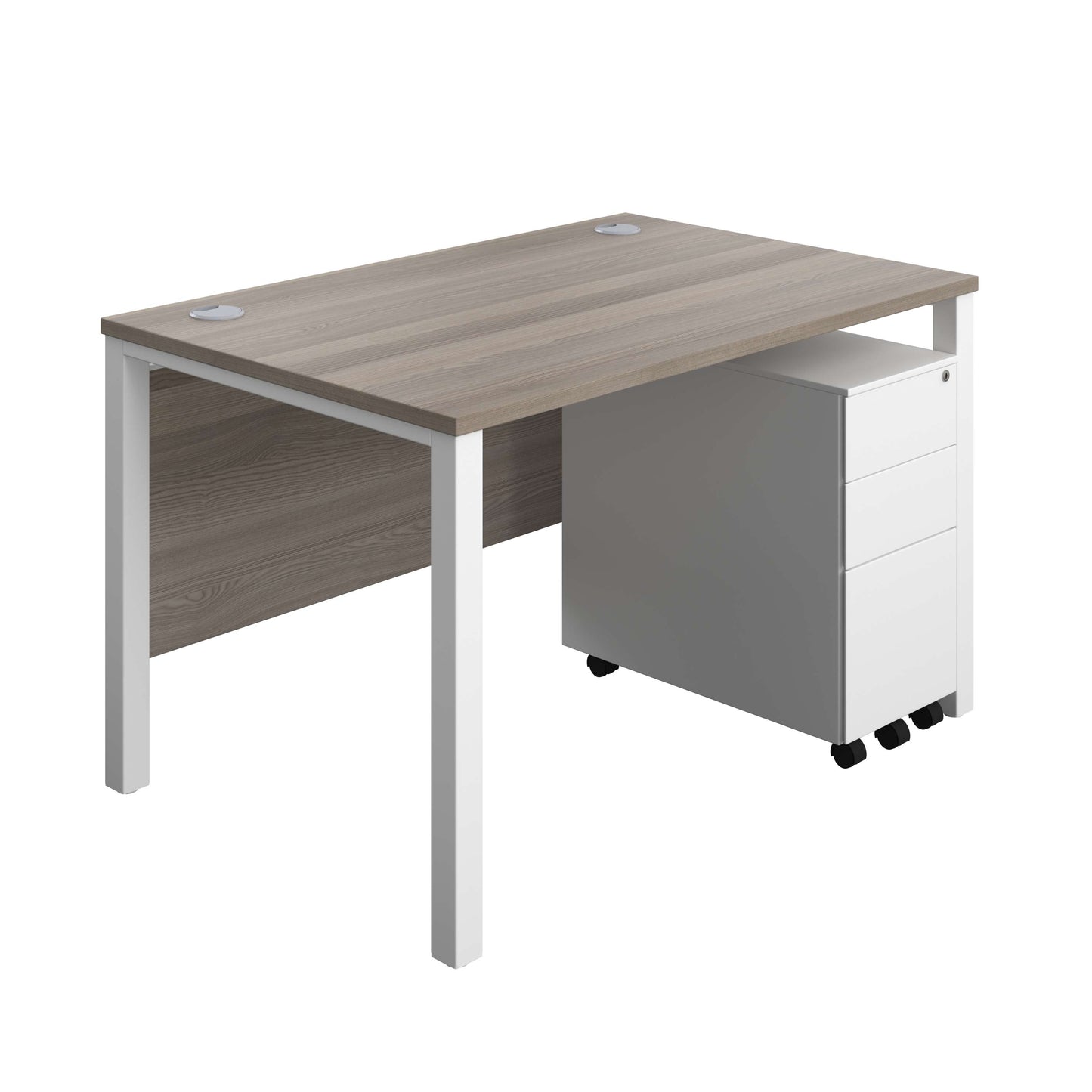Goal Post Rectangular Desk + 3 Drawer Slimline Steel Pedestal (FSC) | 1200x800 | Grey oak/White