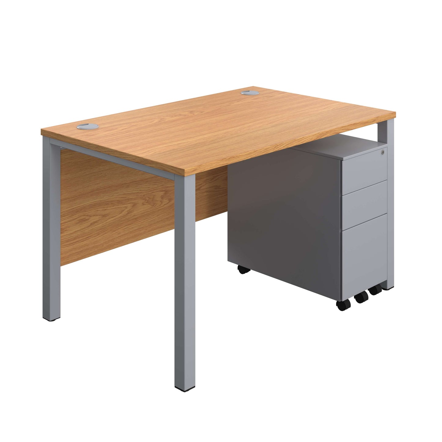 Goal Post Rectangular Desk + 3 Drawer Slimline Steel Pedestal (FSC) | 1200x800 | Nova oak/Silver