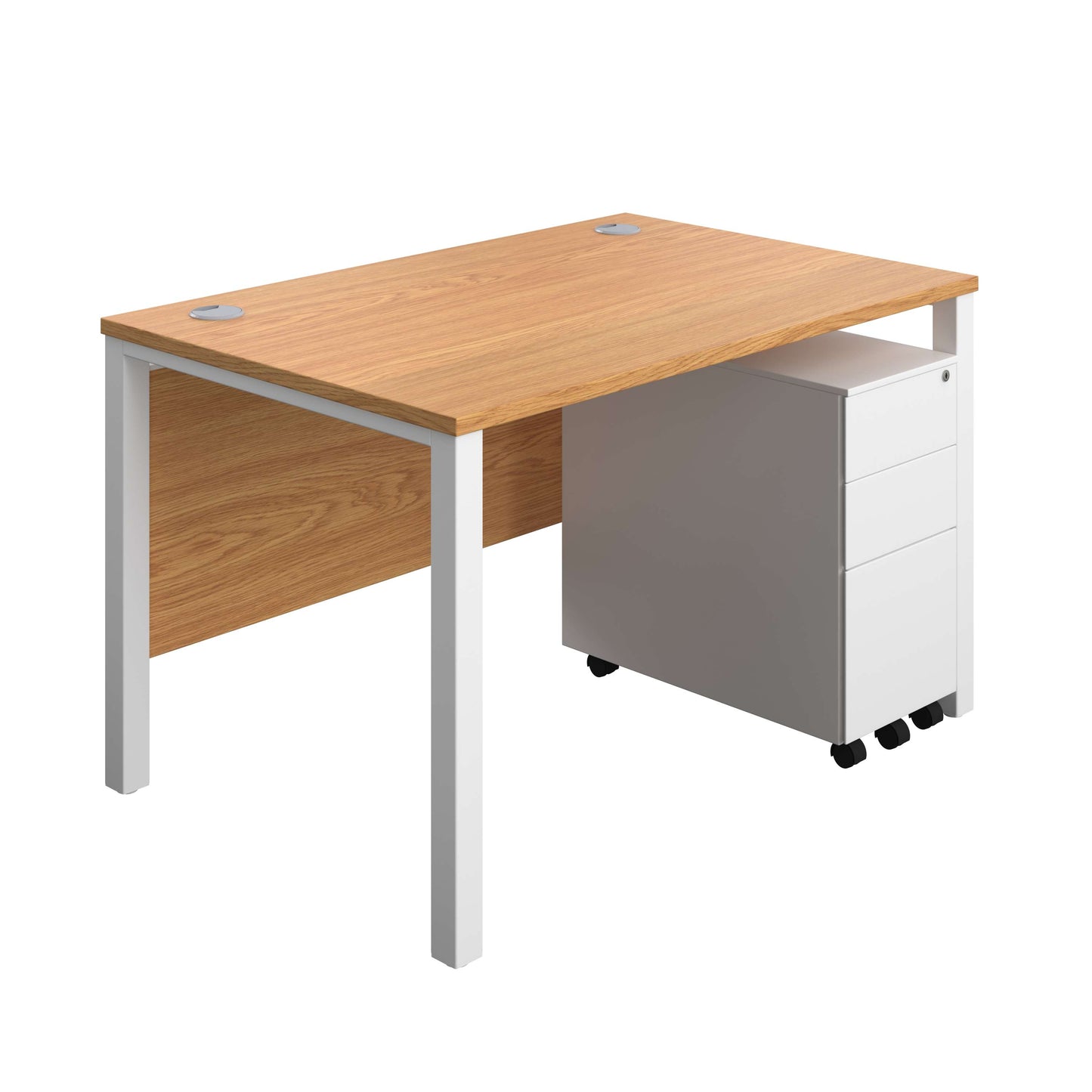 Goal Post Rectangular Desk + 3 Drawer Slimline Steel Pedestal (FSC) | 1200x800 | Nova oak/White