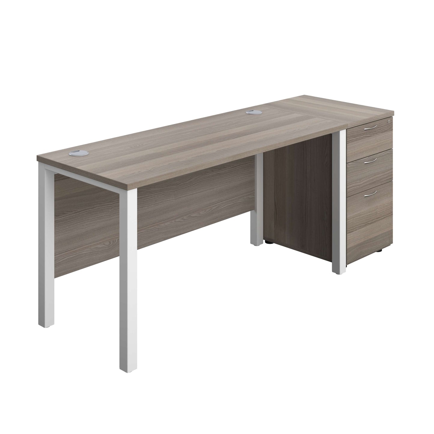 Goal Post Rectangular Desk + 3 Drawer Desk High Pedestal (FSC) | 1400x600 | Grey oak/White