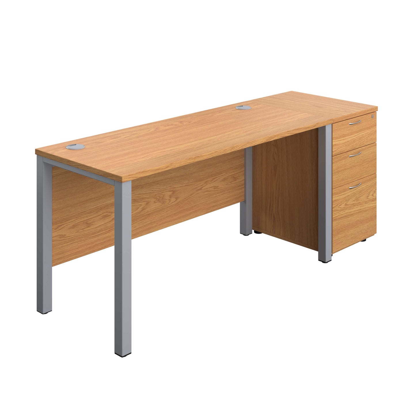 Goal Post Rectangular Desk + 3 Drawer Desk High Pedestal (FSC) | 1400x600 | Nova oak/Silver