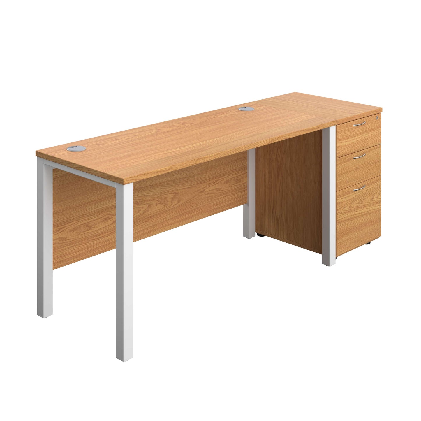 Goal Post Rectangular Desk + 3 Drawer Desk High Pedestal (FSC) | 1400x600 | Nova oak/White