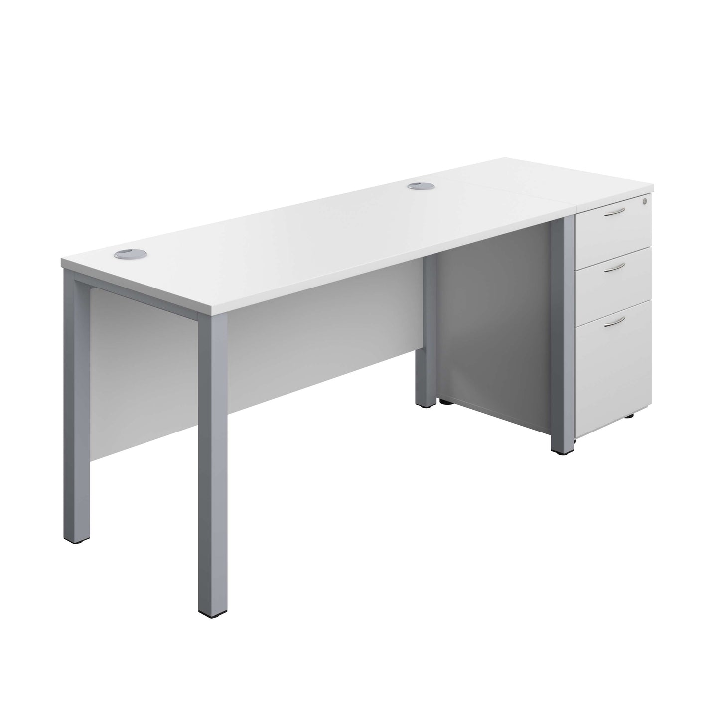 Goal Post Rectangular Desk + 3 Drawer Desk High Pedestal (FSC) | 1400x600 | White/Silver
