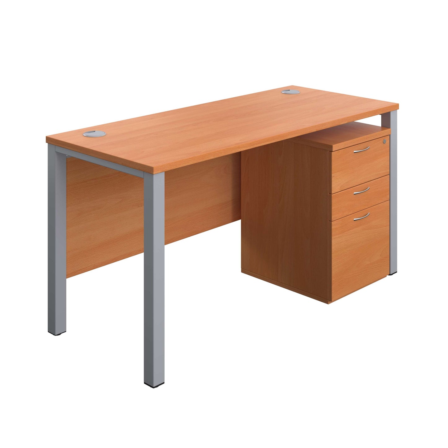 Goal Post Rectangular Desk + 3 Drawer High Mobile Pedestal (FSC) | 1400x600 | Beech/Silver
