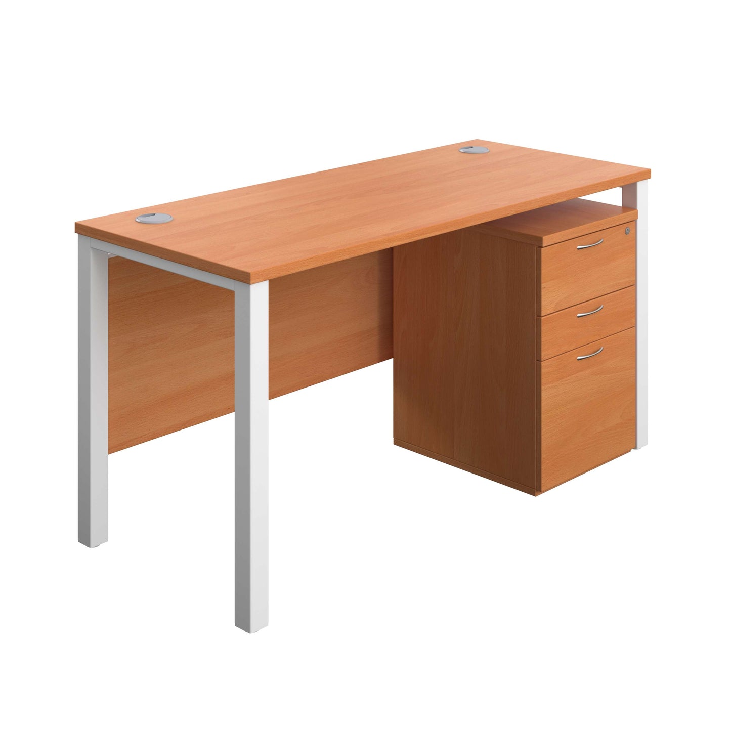 Goal Post Rectangular Desk + 3 Drawer High Mobile Pedestal (FSC) | 1400x600 | Beech/White