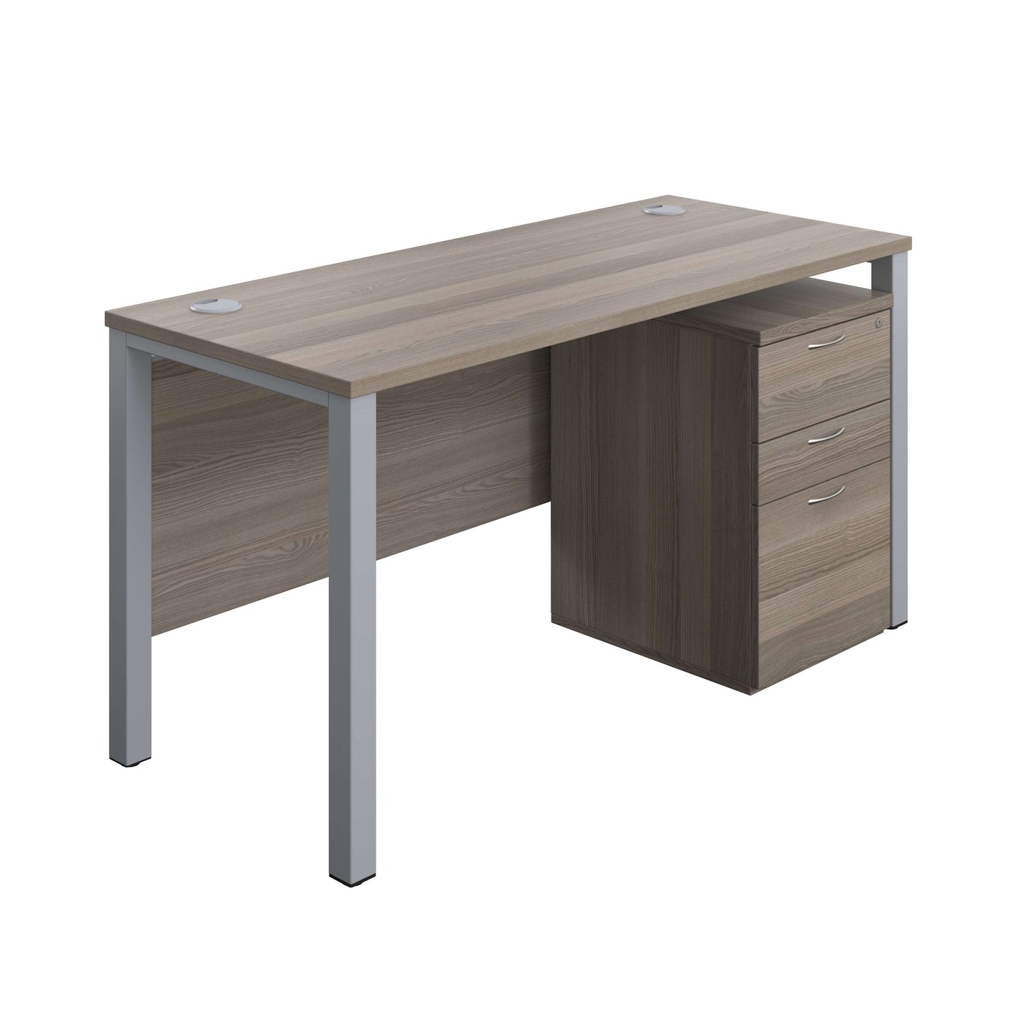 Goal Post Rectangular Desk + 3 Drawer High Mobile Pedestal (FSC) | 1400x600 | Grey oak/Silver