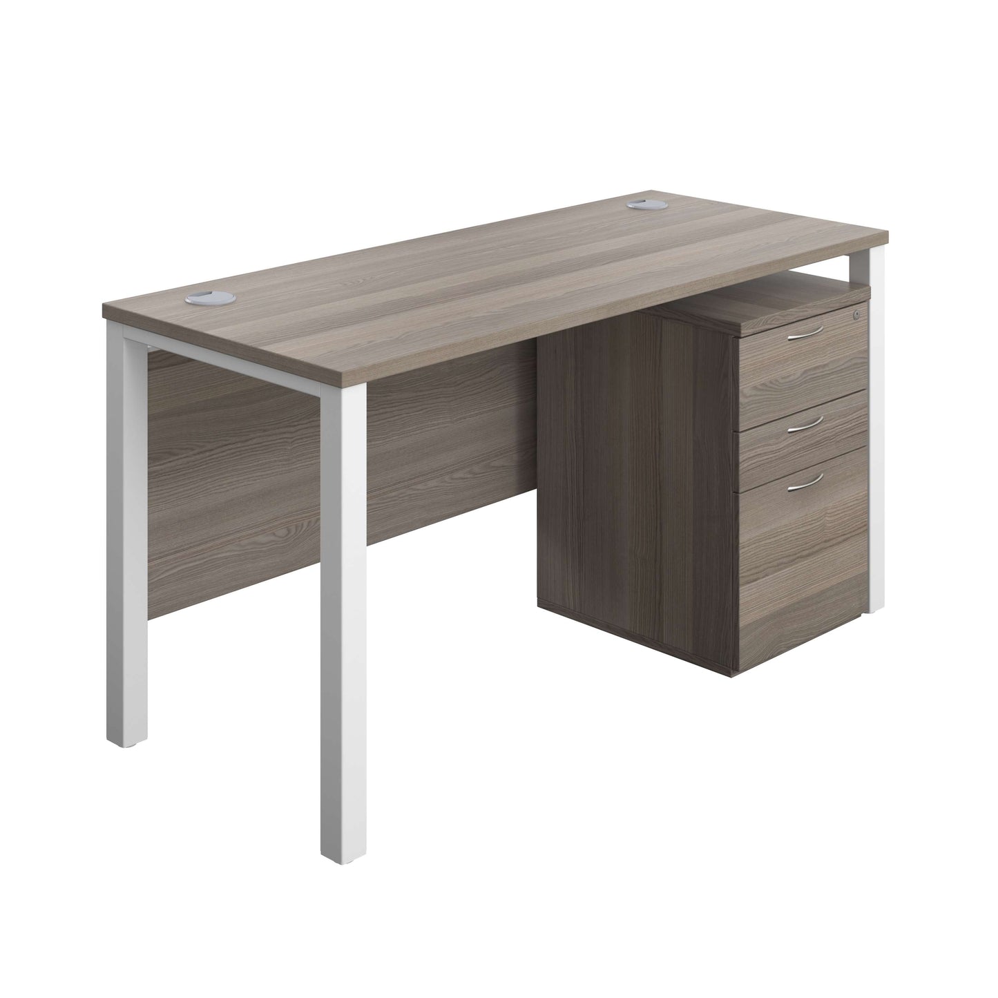 Goal Post Rectangular Desk + 3 Drawer High Mobile Pedestal (FSC) | 1400x600 | Grey oak/White
