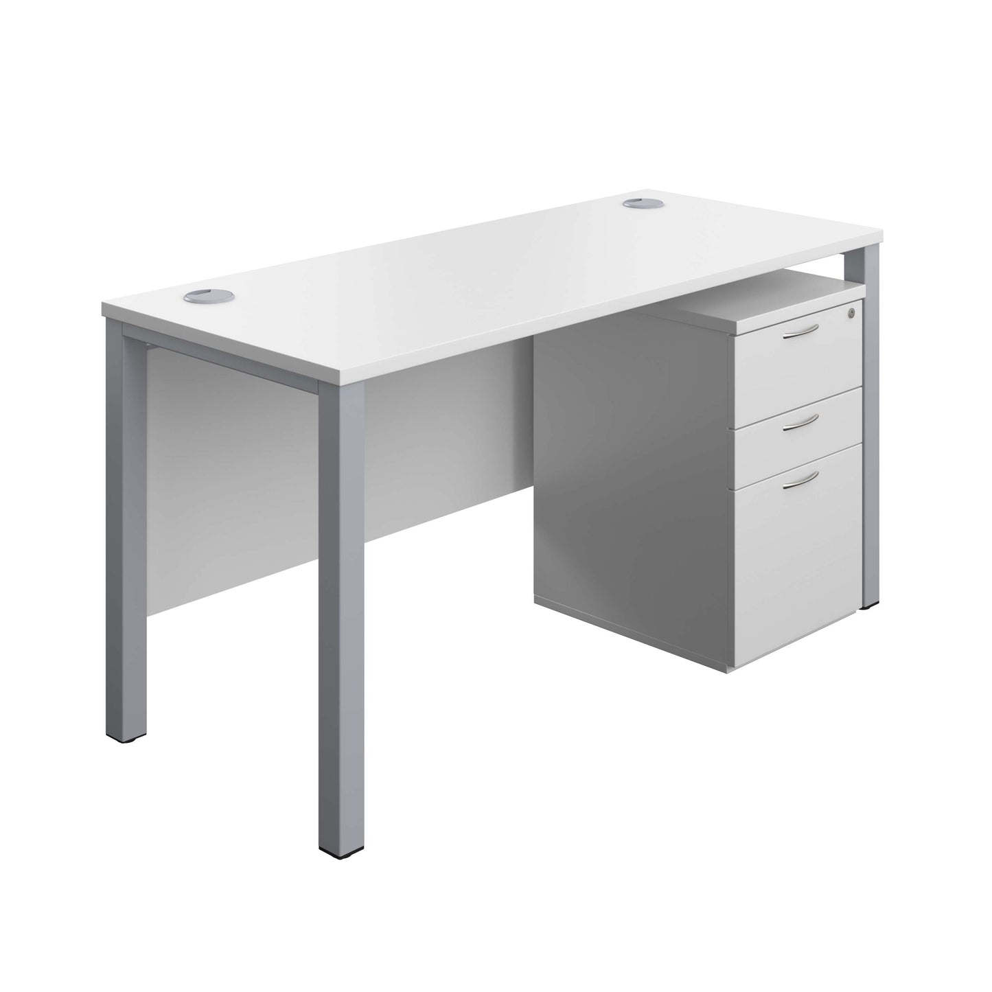 Goal Post Rectangular Desk + 3 Drawer High Mobile Pedestal (FSC) | 1400x600 | White/Silver