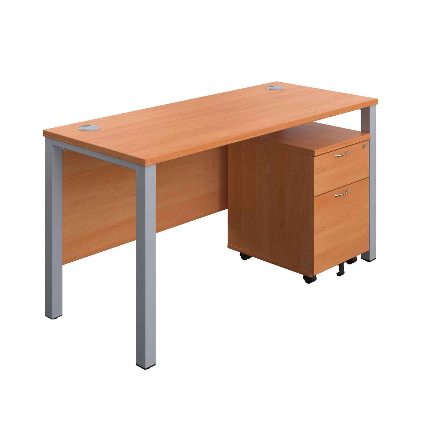 Goal Post Rectangular Desk + 2 Drawer Mobile Pedestal (FSC) | 1400x600 | Beech/Silver