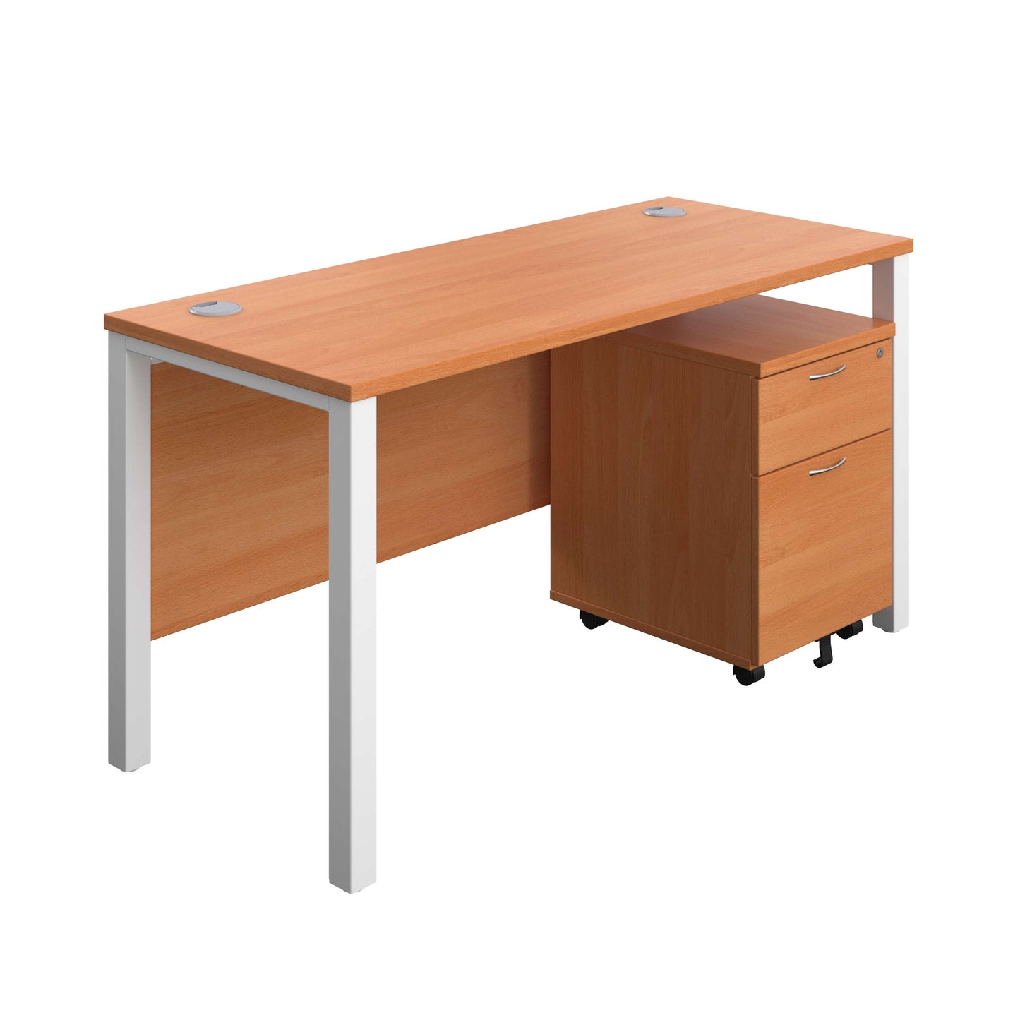 Goal Post Rectangular Desk + 2 Drawer Mobile Pedestal (FSC) | 1400x600 | Beech/White