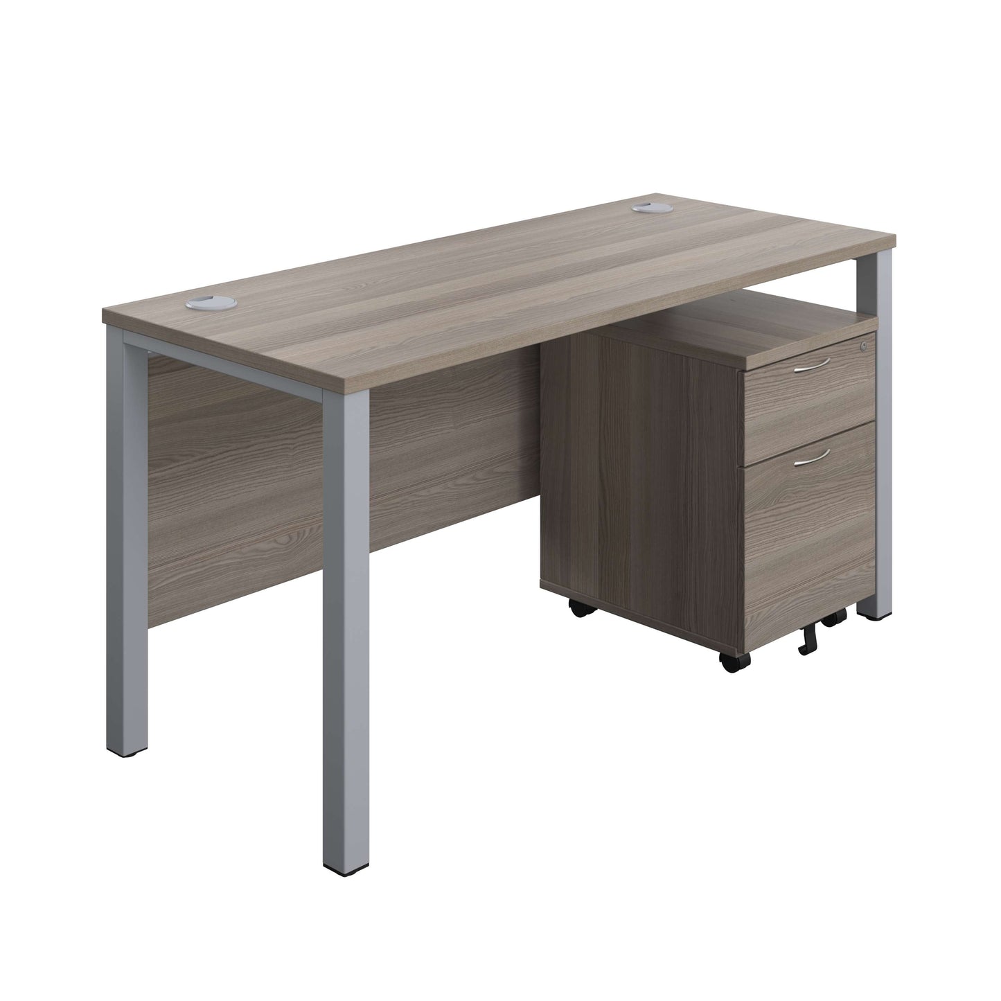 Goal Post Rectangular Desk + 2 Drawer Mobile Pedestal (FSC) | 1400x600 | Grey oak/Silver