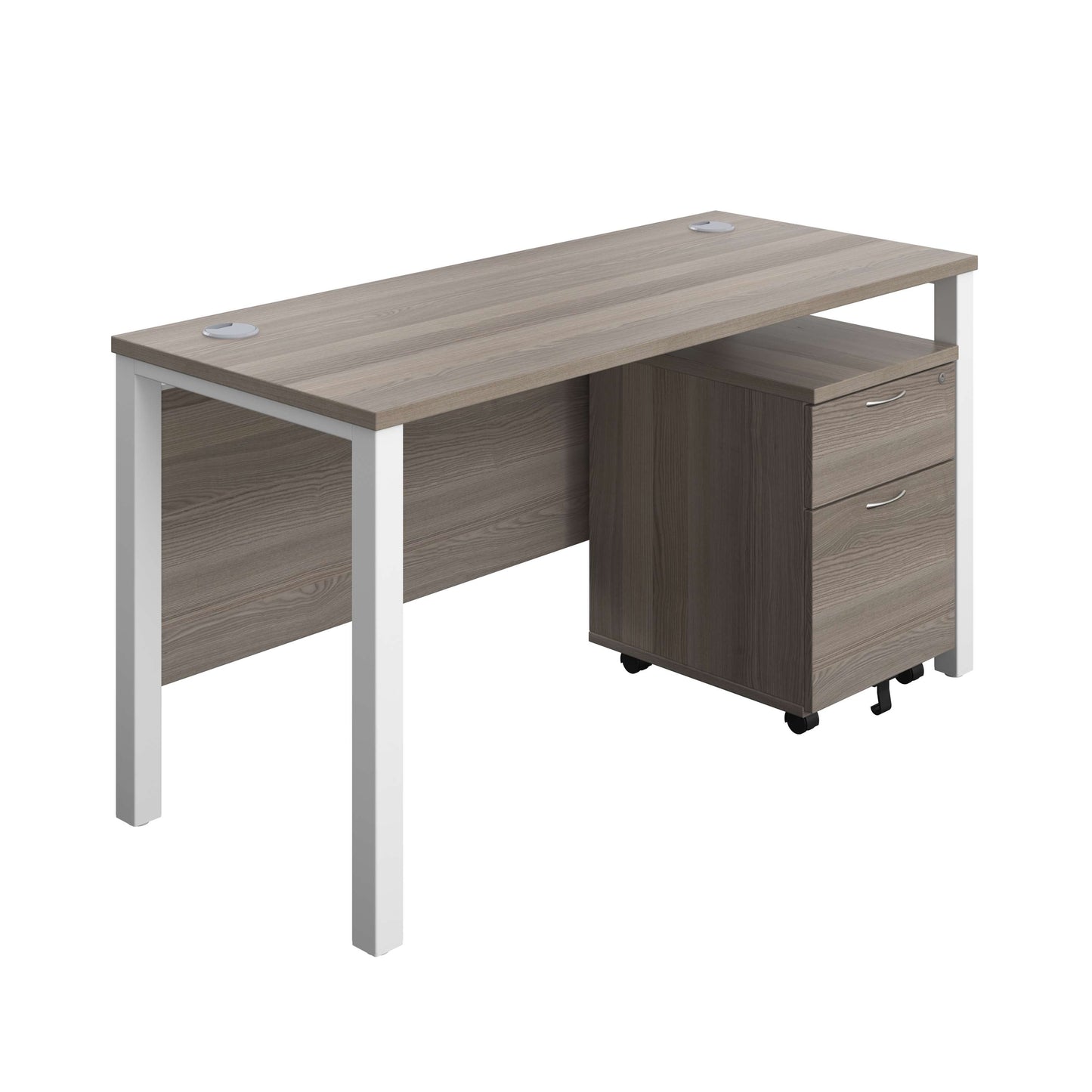 Goal Post Rectangular Desk + 2 Drawer Mobile Pedestal (FSC) | 1400x600 | Grey oak/White