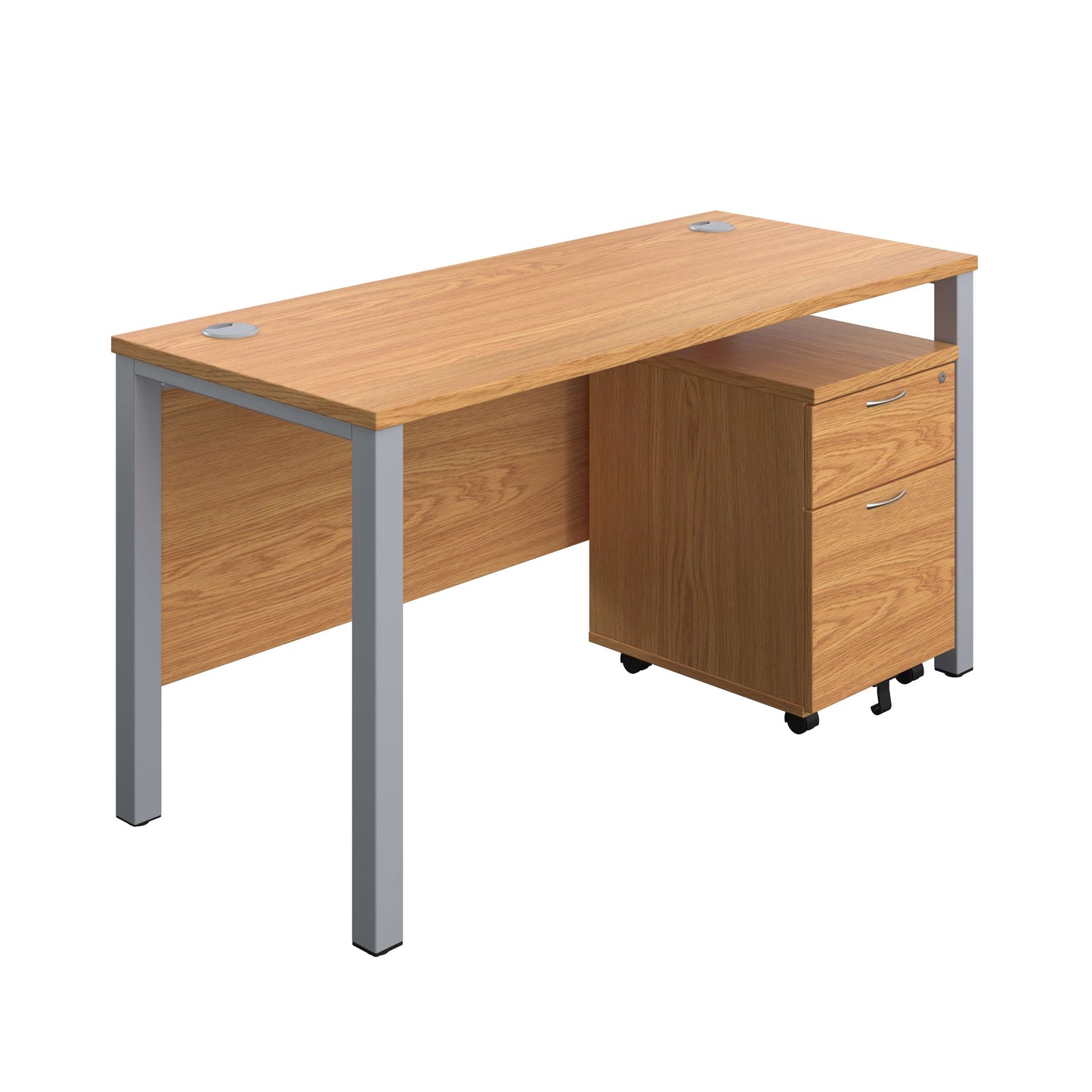 Goal Post Rectangular Desk + 2 Drawer Mobile Pedestal (FSC) | 1400x600 | Nova oak/Silver
