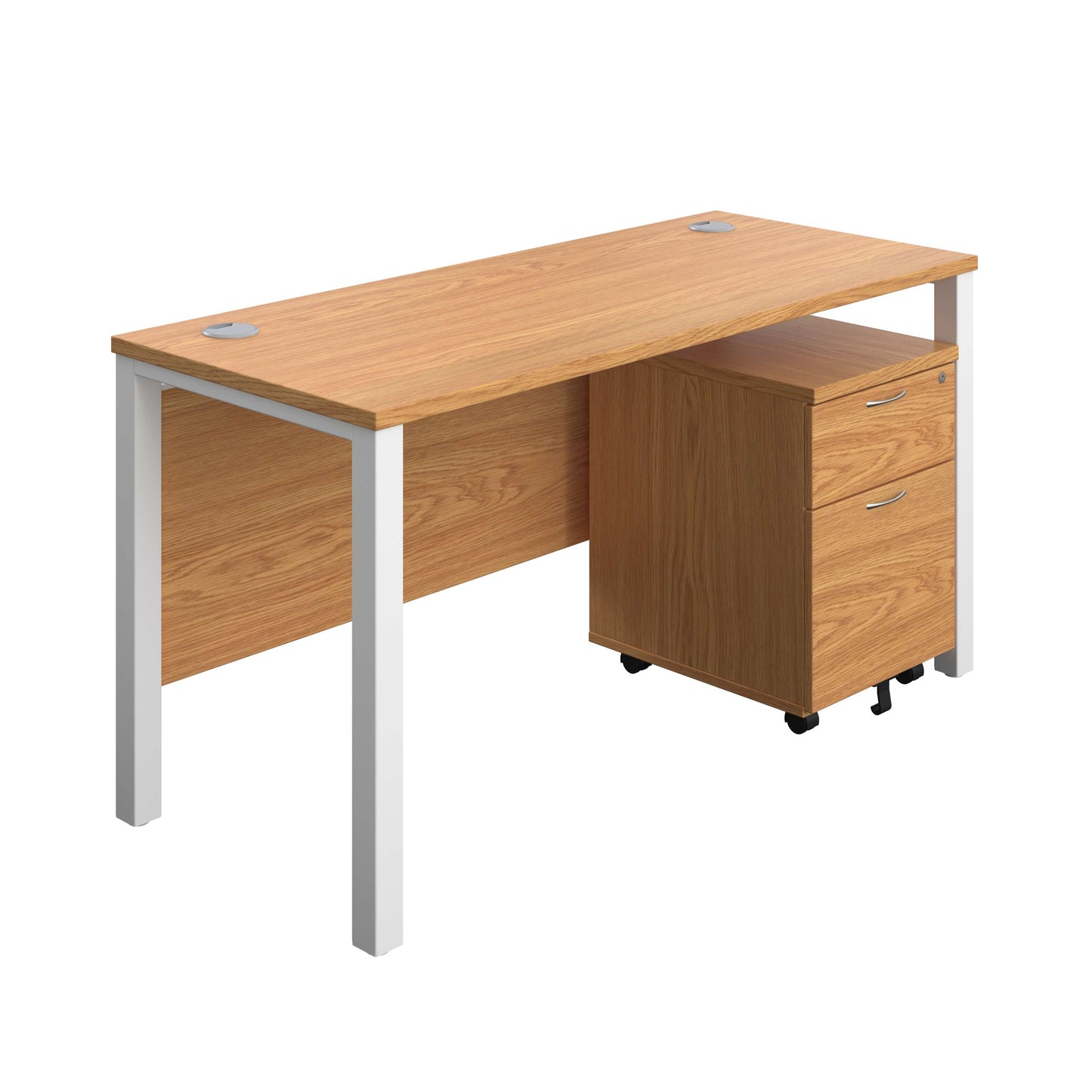 Goal Post Rectangular Desk + 2 Drawer Mobile Pedestal (FSC) | 1400x600 | Nova oak/White