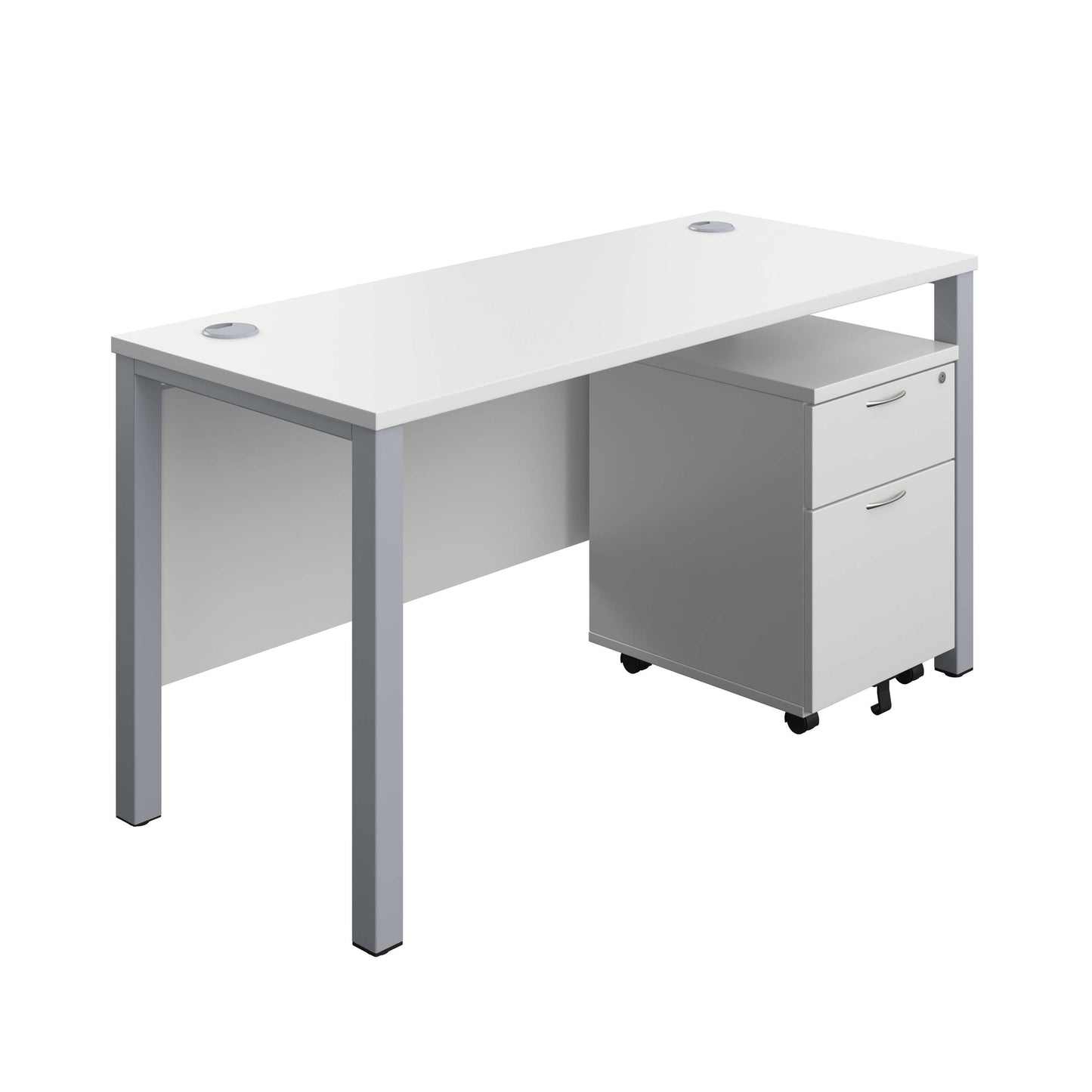 Goal Post Rectangular Desk + 2 Drawer Mobile Pedestal (FSC) | 1400x600 | White/Silver