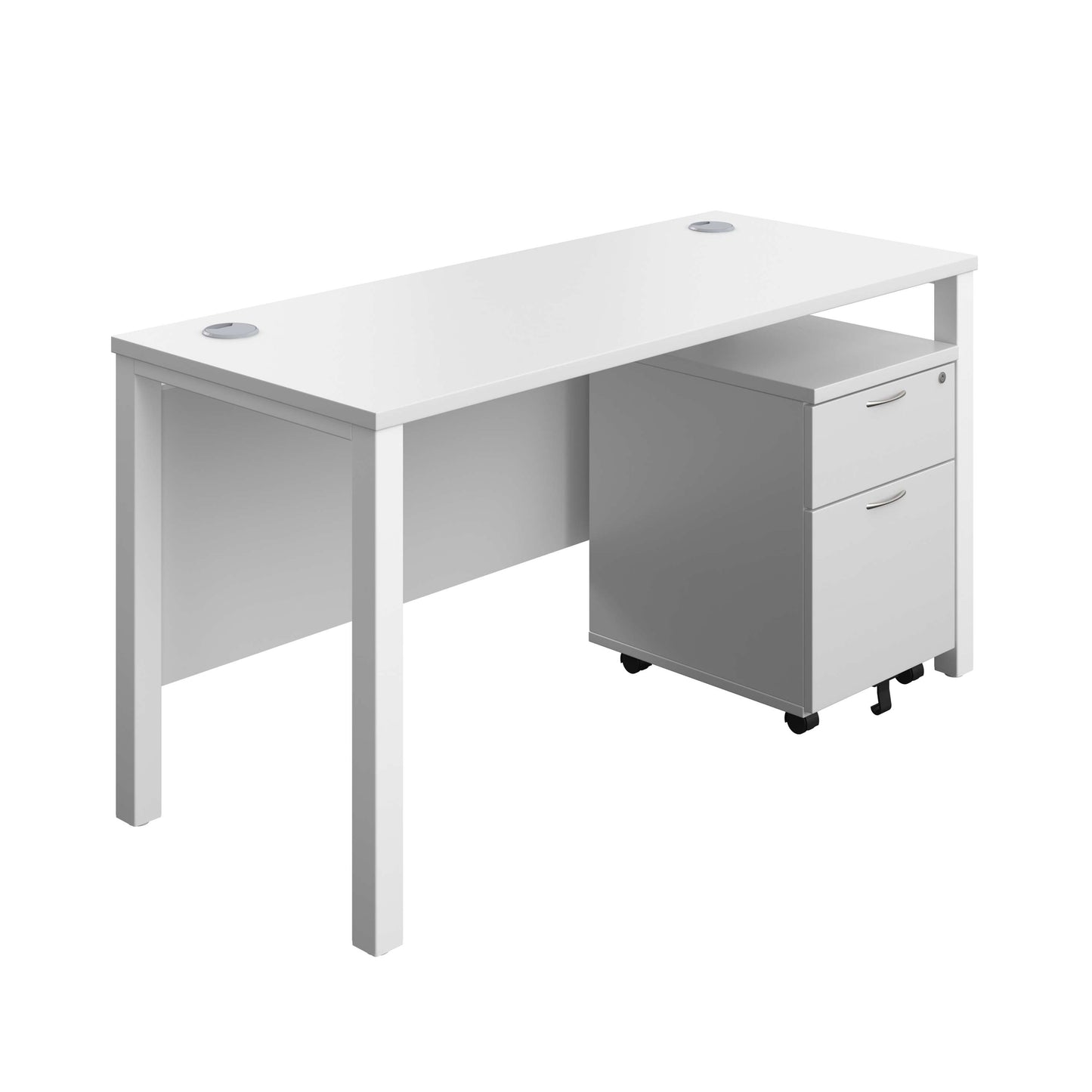 Goal Post Rectangular Desk + 2 Drawer Mobile Pedestal (FSC) | 1400x600 | White/White