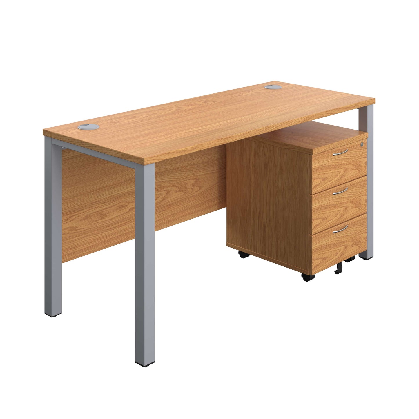 Goal Post Rectangular Desk + 3 Drawer Mobile Pedestal (FSC) | 1400x600 | Nova oak/Silver