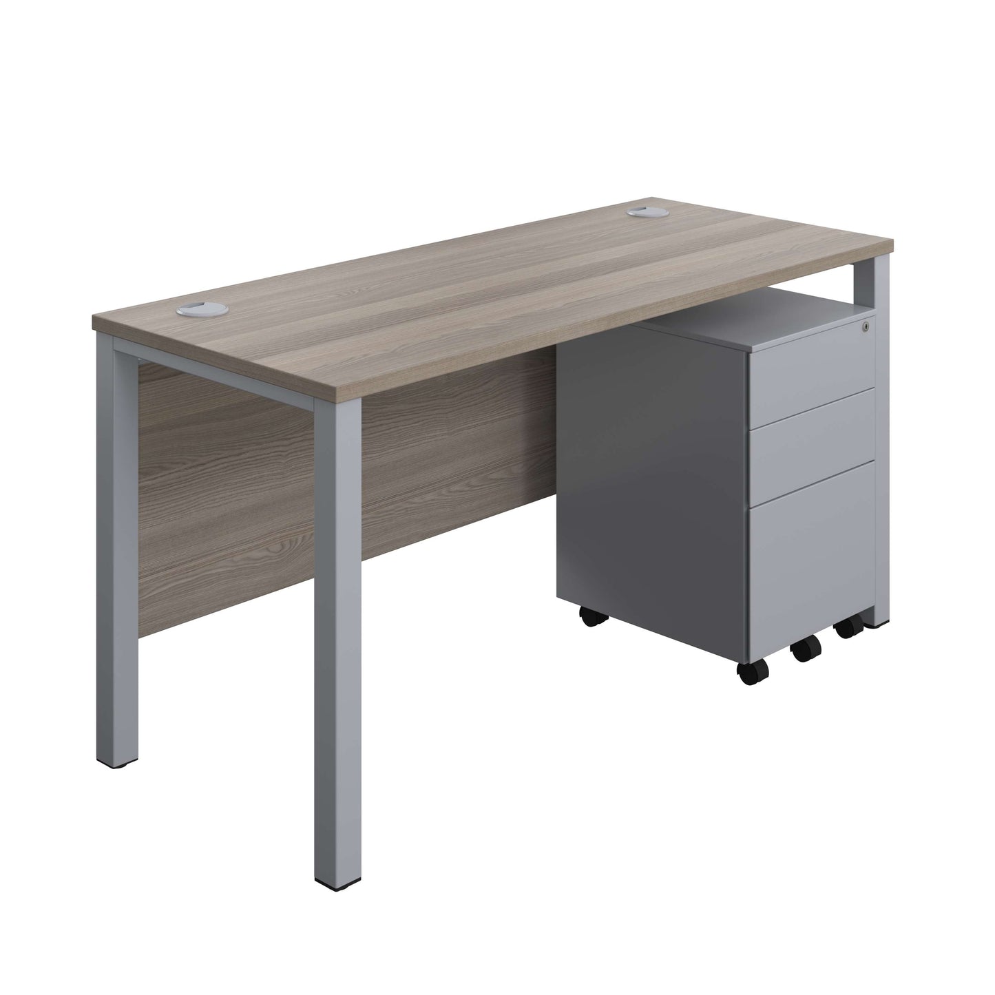 Goal Post Rectangular Desk + 3 Drawer Steel Pedestal (FSC) | 1400x600 | Grey oak/Silver