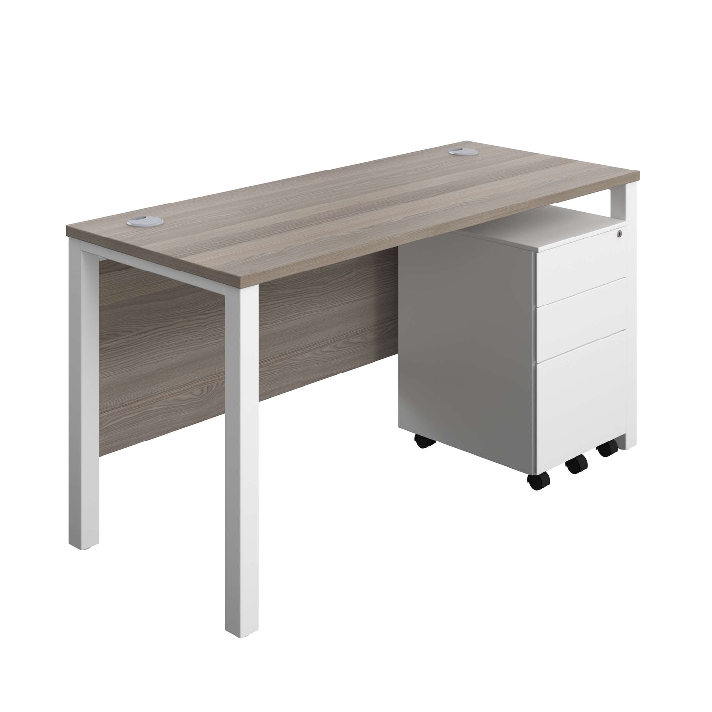 Goal Post Rectangular Desk + 3 Drawer Steel Pedestal (FSC) | 1400x600 | Grey oak/White