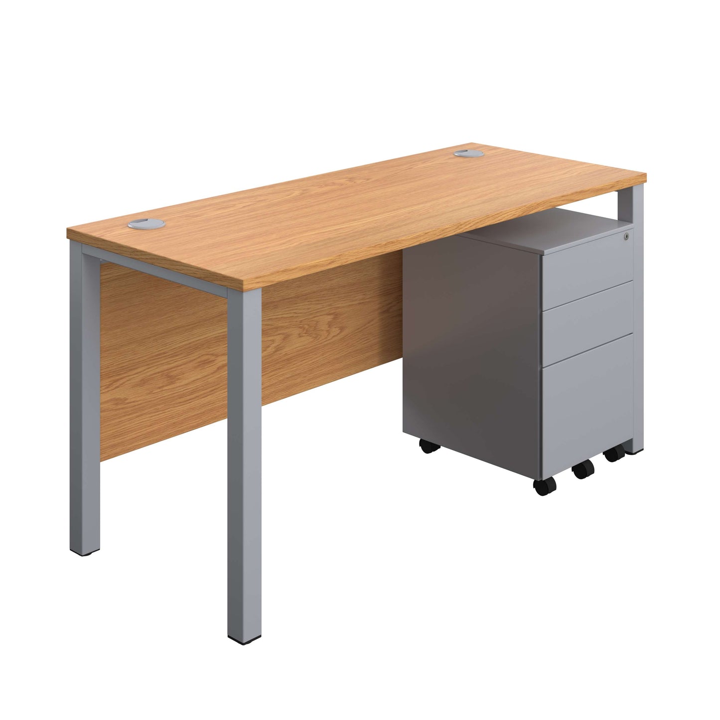 Goal Post Rectangular Desk + 3 Drawer Steel Pedestal (FSC) | 1400x600 | Nova oak/Silver
