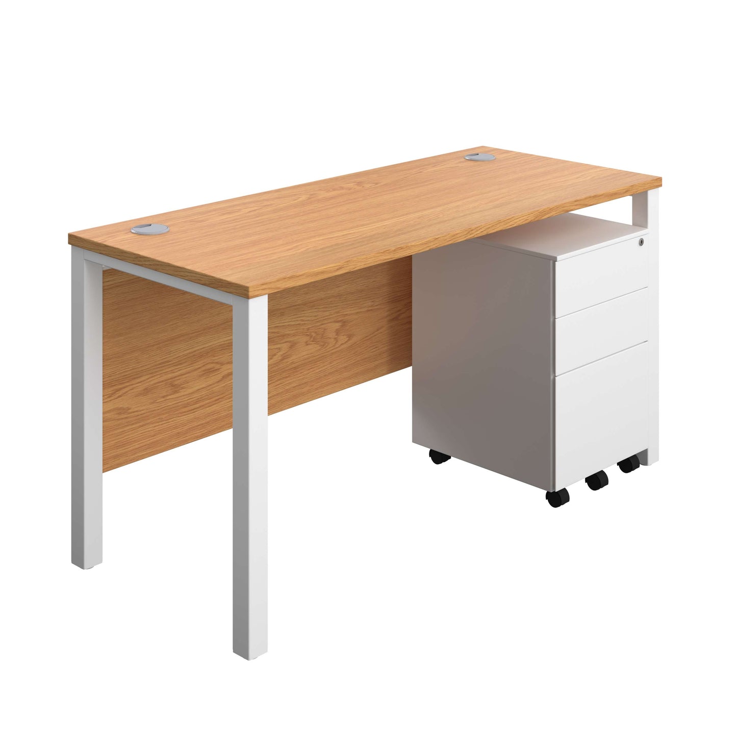 Goal Post Rectangular Desk + 3 Drawer Steel Pedestal (FSC) | 1400x600 | Nova oak/White