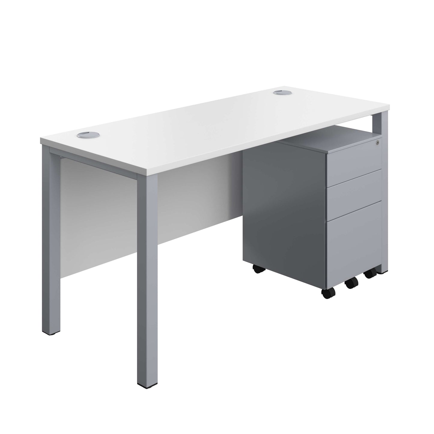 Goal Post Rectangular Desk + 3 Drawer Steel Pedestal (FSC) | 1400x600 | White/Silver