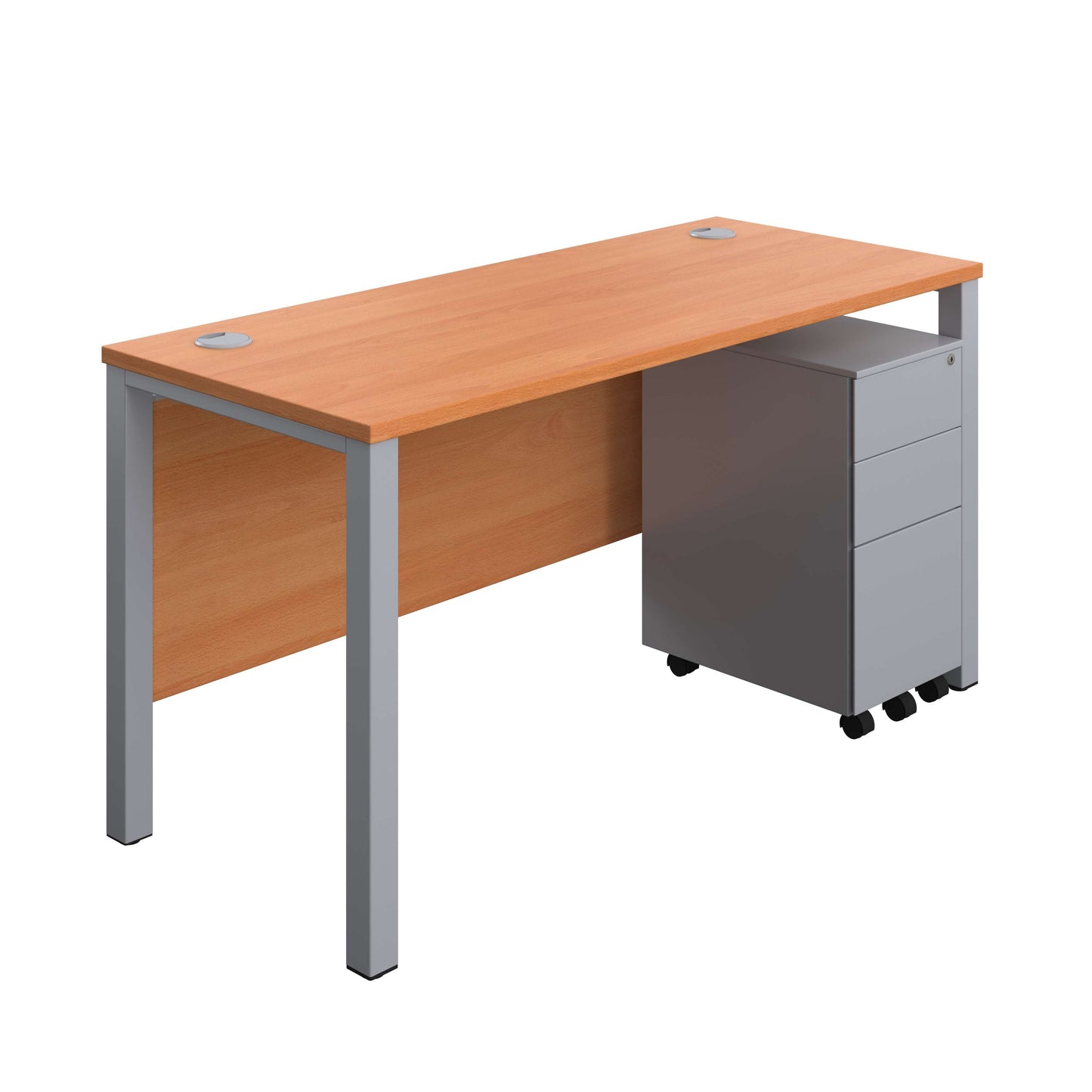 Goal Post Rectangular Desk + 3 Drawer Slimline Steel Pedestal (FSC) | 1400x600 | Beech/Silver