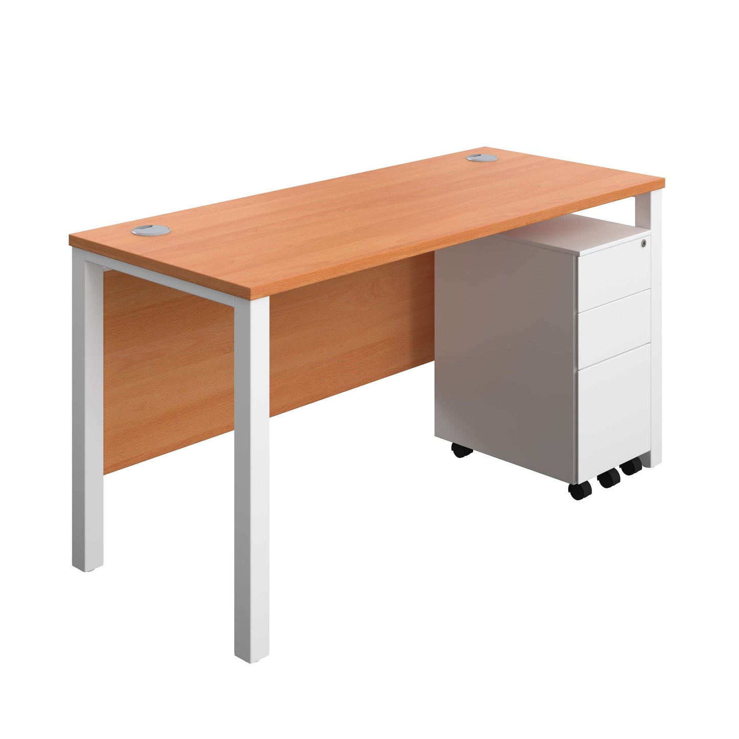 Goal Post Rectangular Desk + 3 Drawer Slimline Steel Pedestal (FSC) | 1400x600 | Beech/White